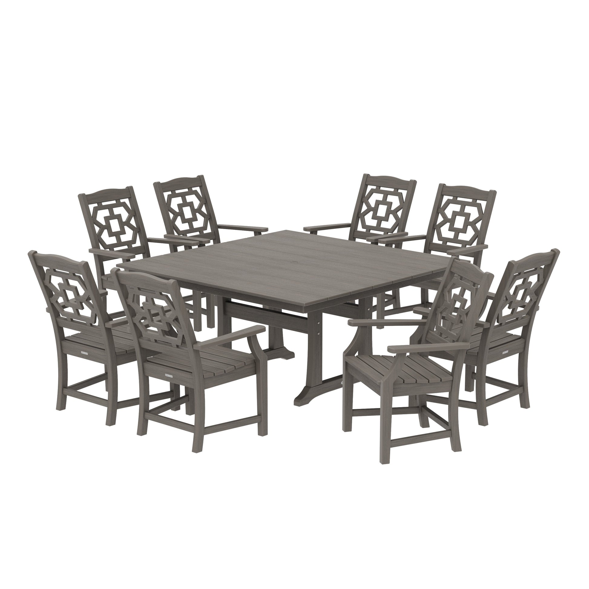POLYWOOD Chinoiserie 9-Piece Square Farmhouse Dining Set with Trestle Legs — Driftwood