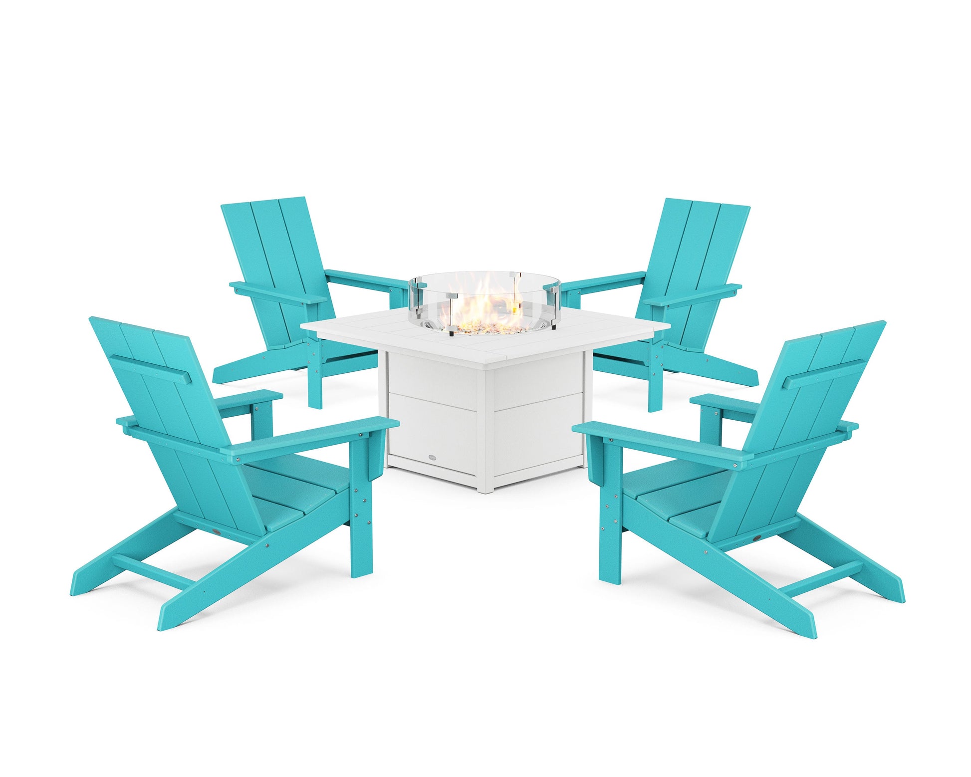 POLYWOOD 5-Piece Modern Studio Adirondack Conversation Set with Fire Pit Table — Aruba / White