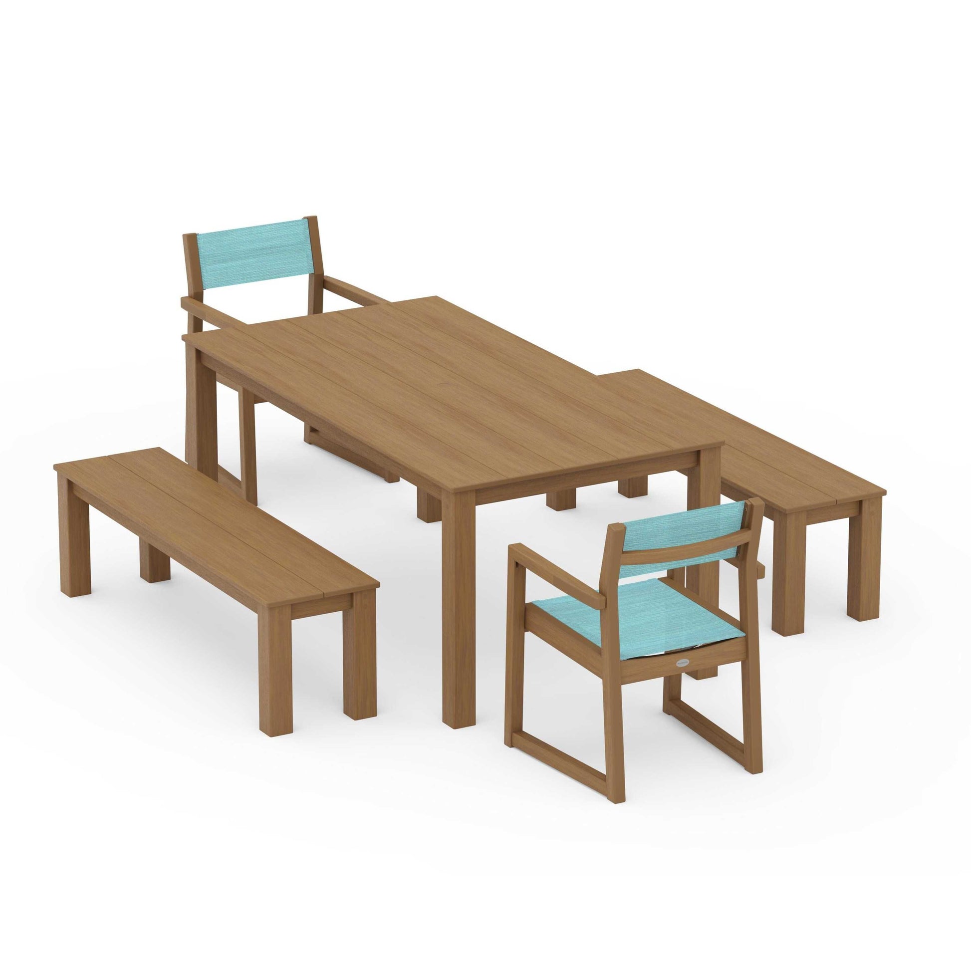 POLYWOOD EDGE Sling Arm Chair 5-Piece Parsons Dining Set with Benches — Natural / Dupioni Aquamarine Sling