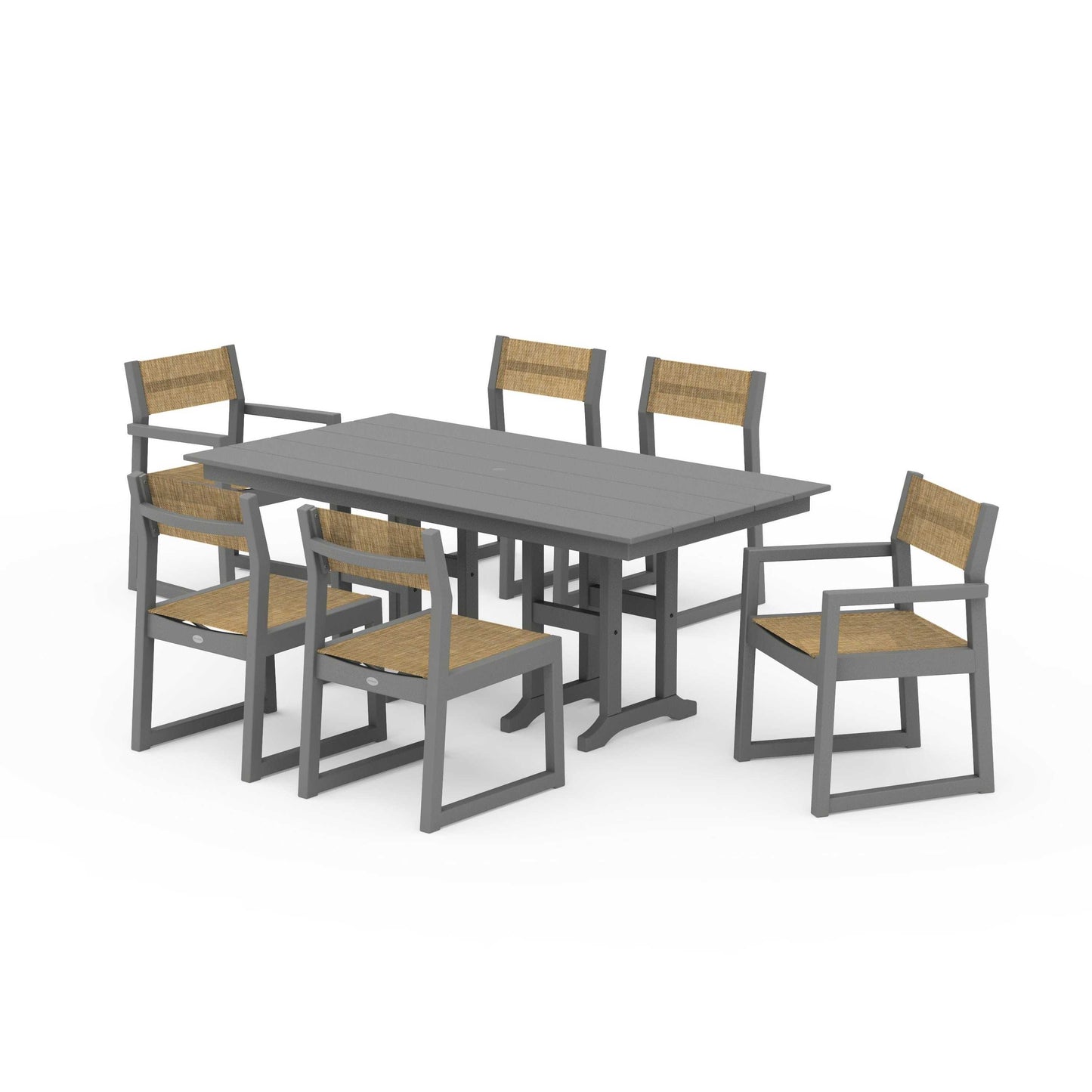 POLYWOOD EDGE Sling 7-Piece Farmhouse Dining Set — Slate Grey / Burlap Sling