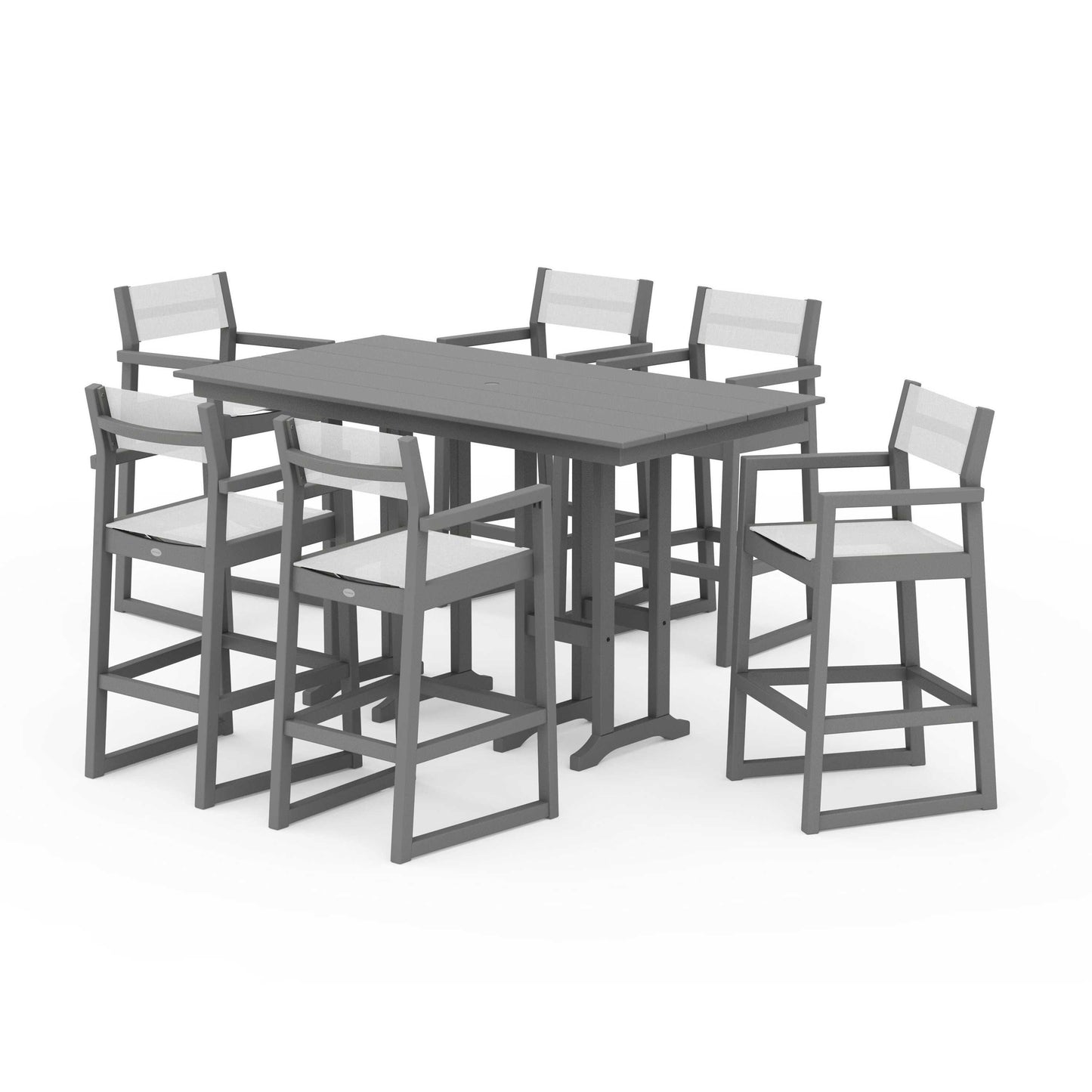 POLYWOOD EDGE Sling Arm Chair 7-Piece Farmhouse Bar Set — Slate Grey / White Sling