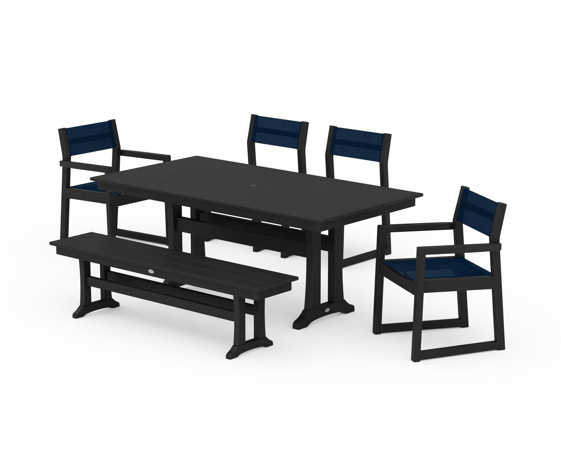 POLYWOOD EDGE Sling 6-Piece Farmhouse Dining Set With Trestle Legs — Black / Navy Blue Sling