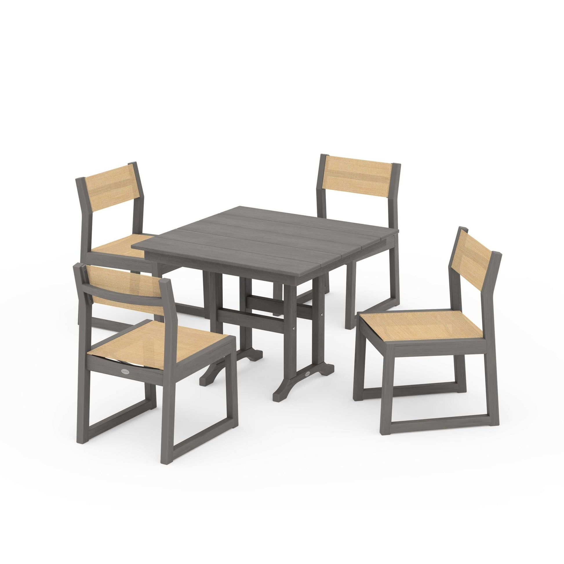 POLYWOOD EDGE Sling Side Chair 5-Piece Farmhouse Dining Set — Driftwood / Dupioni Apricot Sling