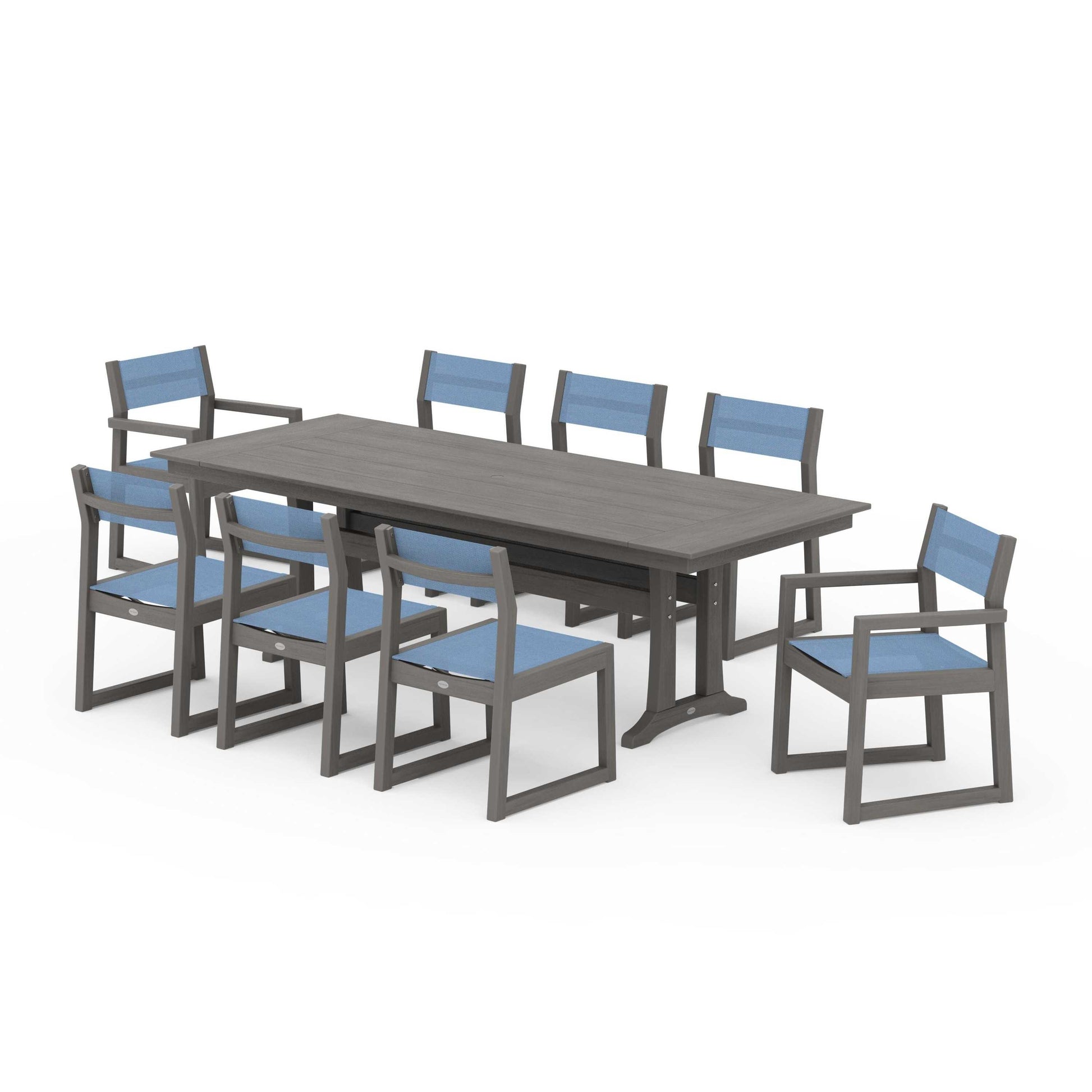 POLYWOOD EDGE Sling 9-Piece Farmhouse Trestle Dining Set — Driftwood / Poolside Sling