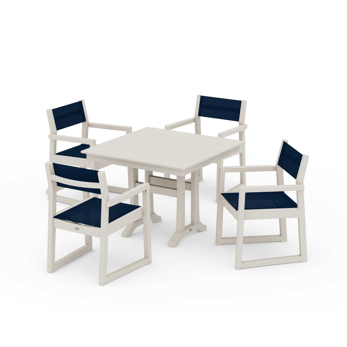 POLYWOOD EDGE Sling 5-Piece Farmhouse Dining Set with Trestle Legs — Sand / Navy Blue Sling
