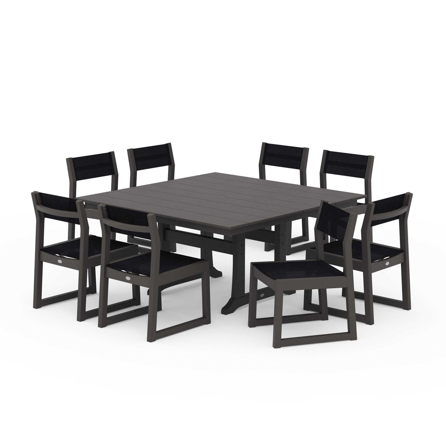 POLYWOOD EDGE Sling Side Chair 9-Piece Farmhouse Trestle Dining Set — Vintage Coffee / Black Sling