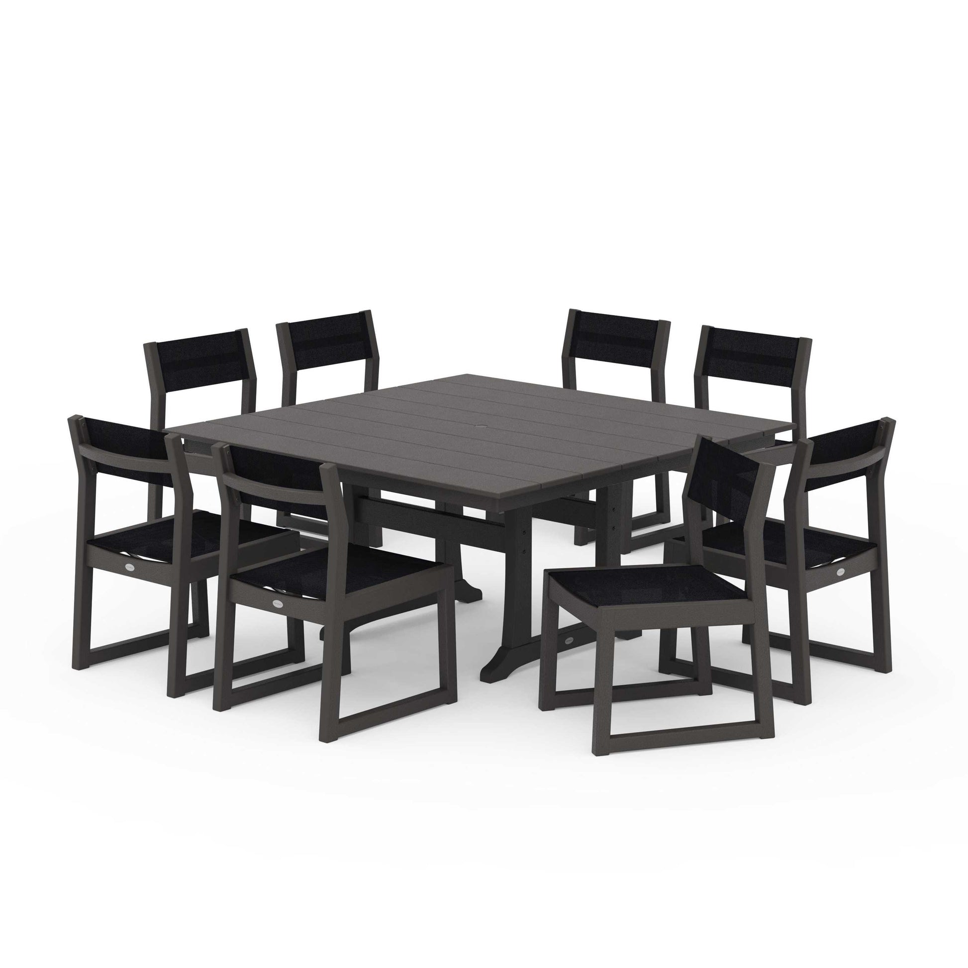 POLYWOOD EDGE Sling Side Chair 9-Piece Farmhouse Trestle Dining Set — Vintage Coffee / Black Sling