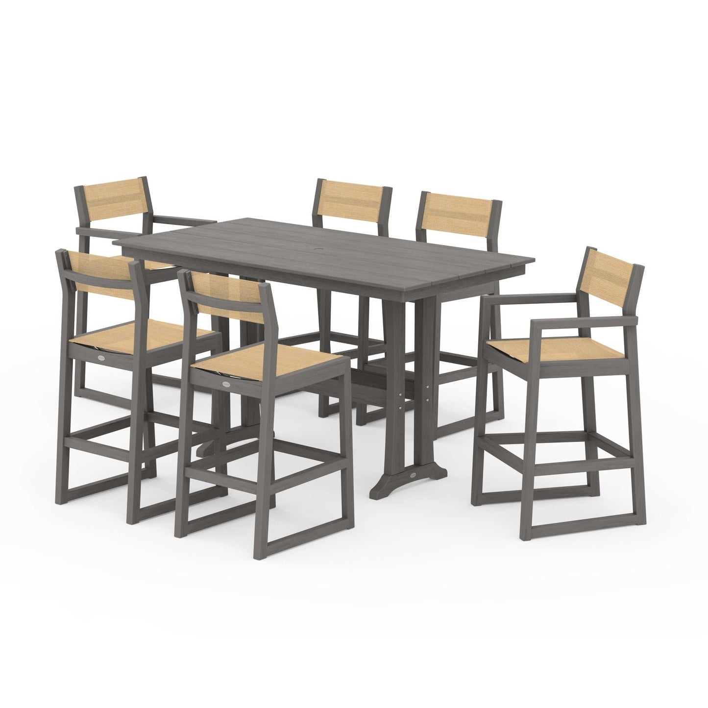 POLYWOOD EDGE Sling 7-Piece Farmhouse Bar Set with Trestle Legs — Driftwood / Dupioni Apricot Sling