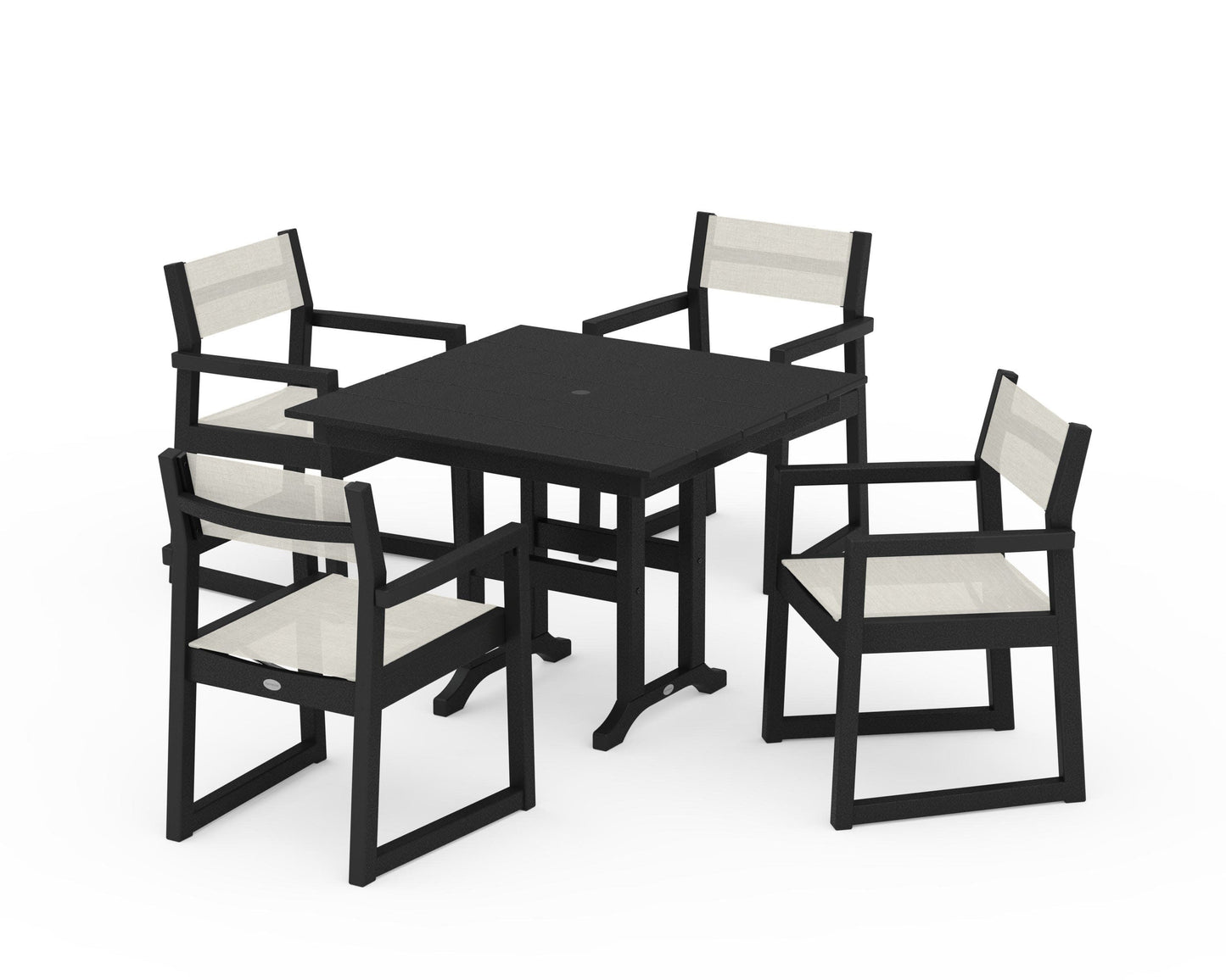 POLYWOOD EDGE Sling Arm Chair 5-Piece Farmhouse Dining Set — Black / Parchment Sling