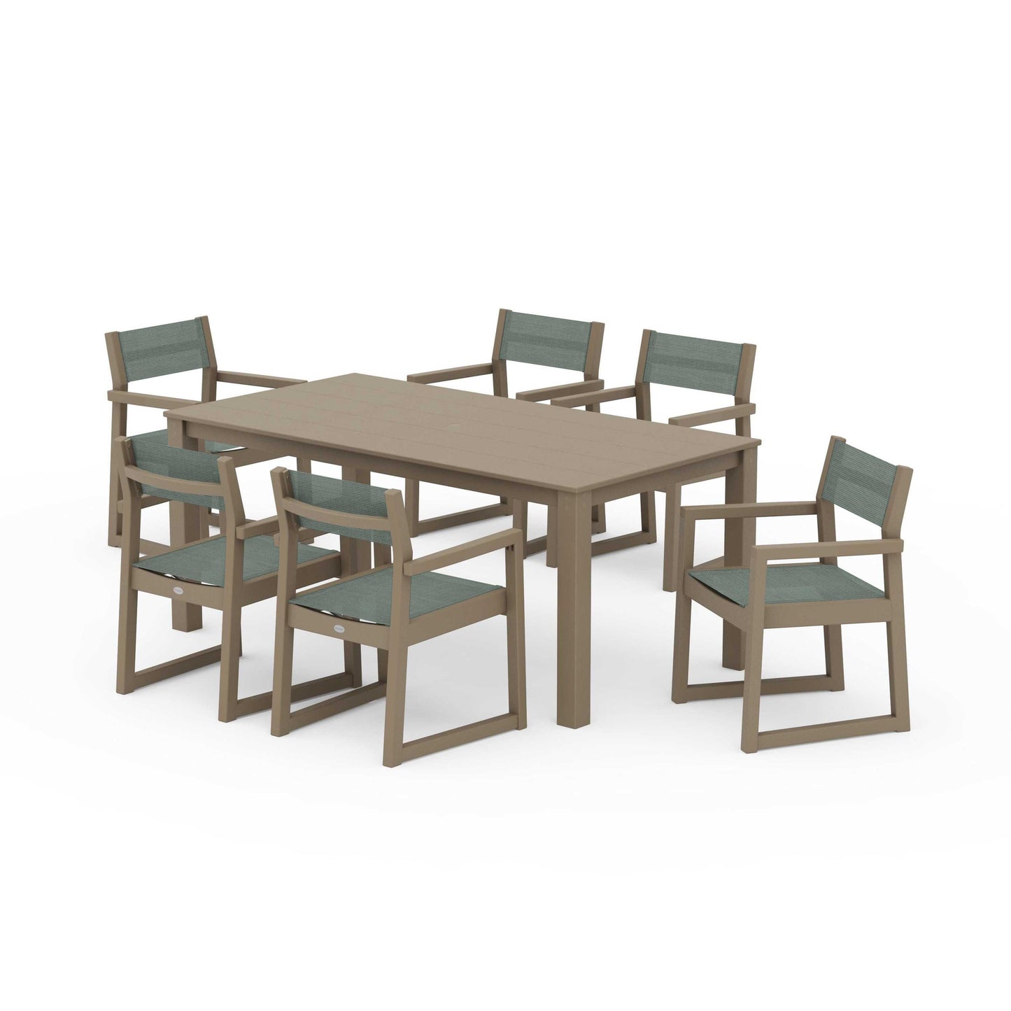 POLYWOOD EDGE Sling Arm Chair 7-Piece Parsons Dining Set — Vintage Sahara / Dupioni Sea Mist Sling
