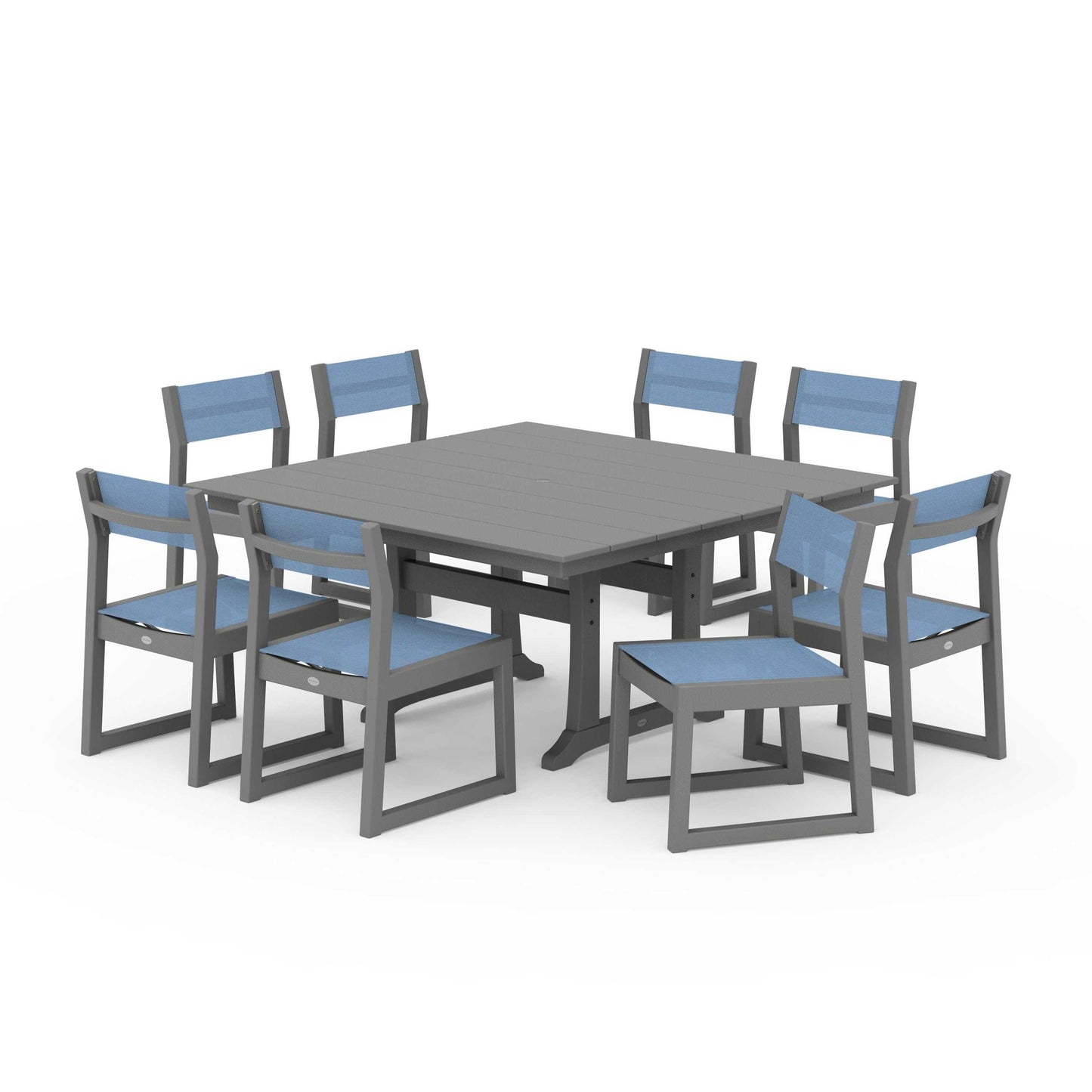 POLYWOOD EDGE Sling Side Chair 9-Piece Farmhouse Trestle Dining Set — Slate Grey / Poolside Sling