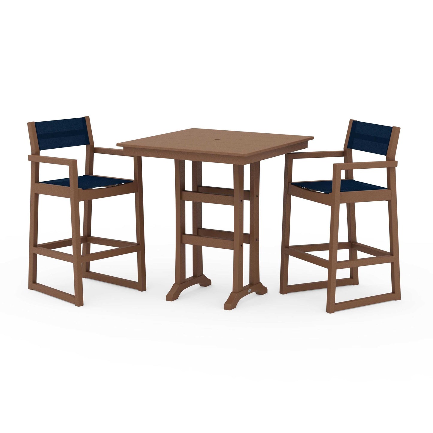 POLYWOOD EDGE Sling Arm Chair 3-Piece Farmhouse Bar Set with Trestle Legs — Teak / Navy Blue Sling