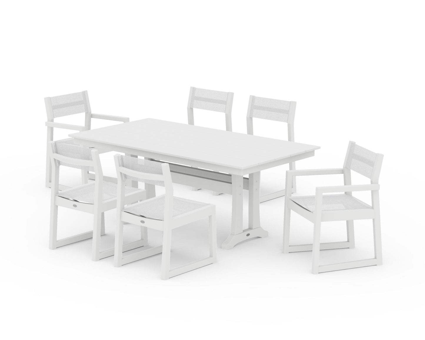 POLYWOOD EDGE Sling 7-Piece Farmhouse Trestle Dining Set — White / White Sling