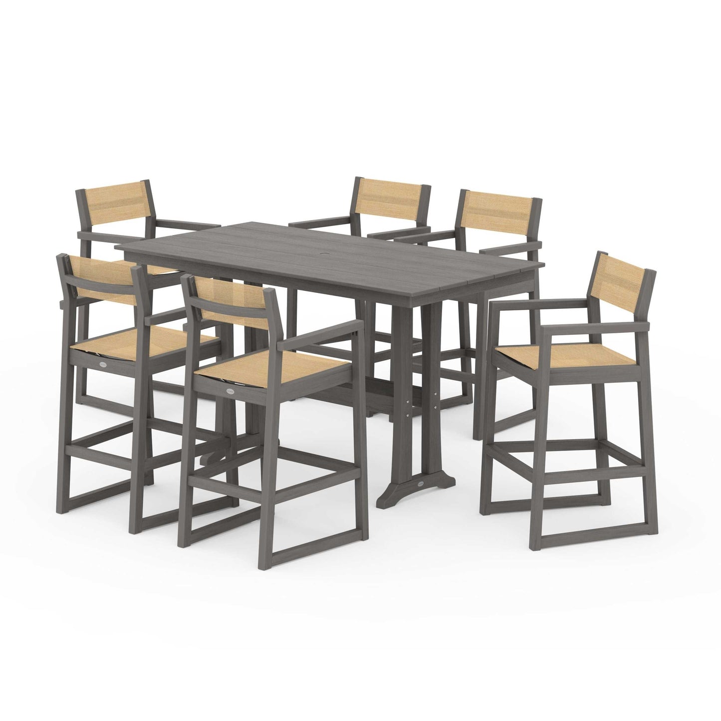 POLYWOOD EDGE Sling Arm Chair 7-Piece Farmhouse Bar Set with Trestle Legs — Driftwood / Dupioni Apricot Sling