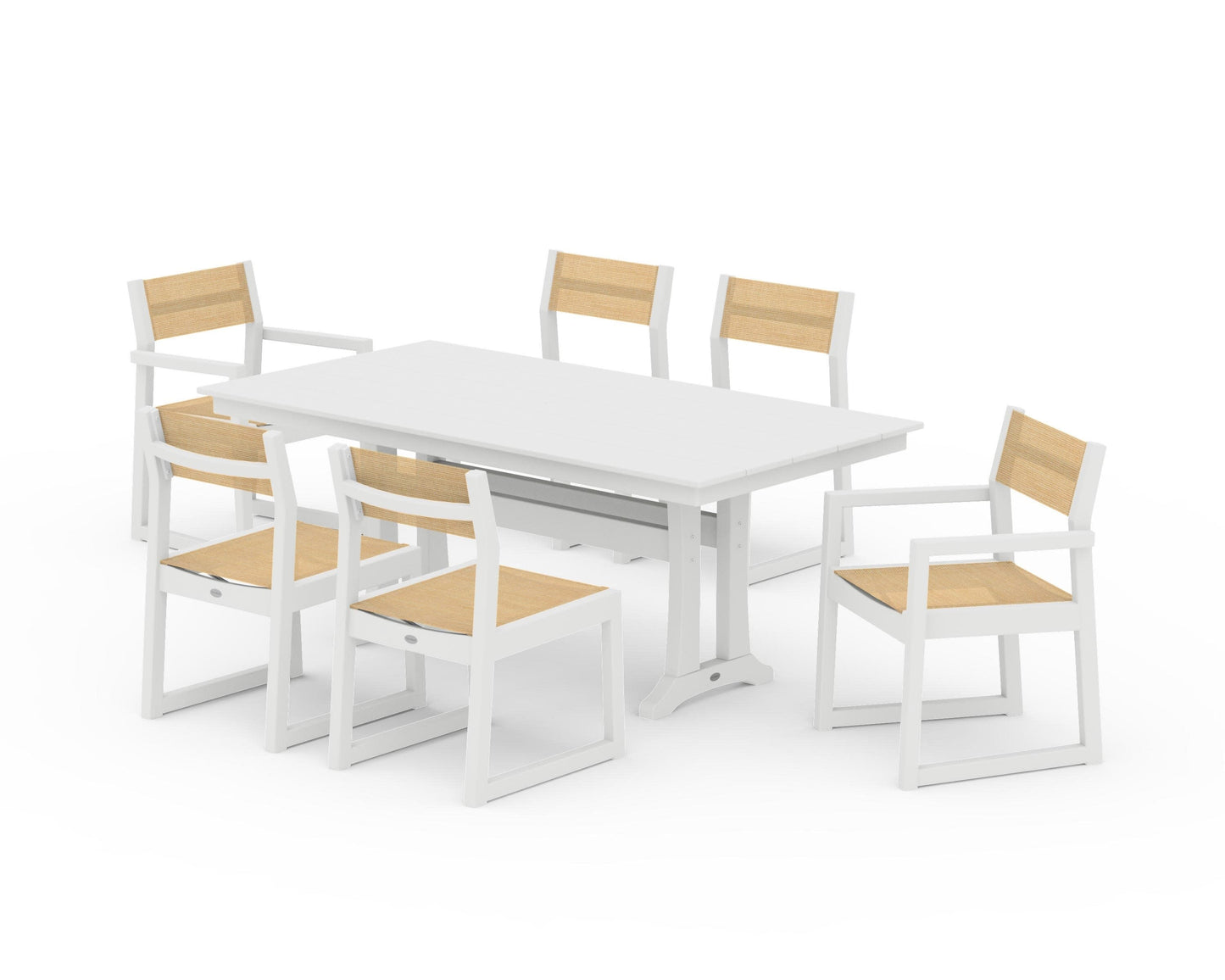 POLYWOOD EDGE Sling 7-Piece Farmhouse Trestle Dining Set — White / Dupioni Apricot Sling