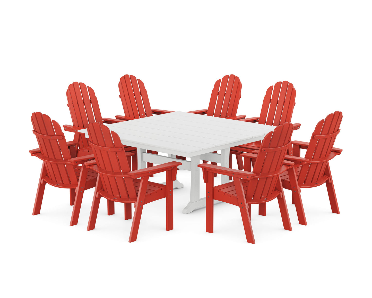 POLYWOOD Vineyard Curveback Adirondack 9-Piece Square Farmhouse Dining Set with Trestle Legs — Sunset Red / White