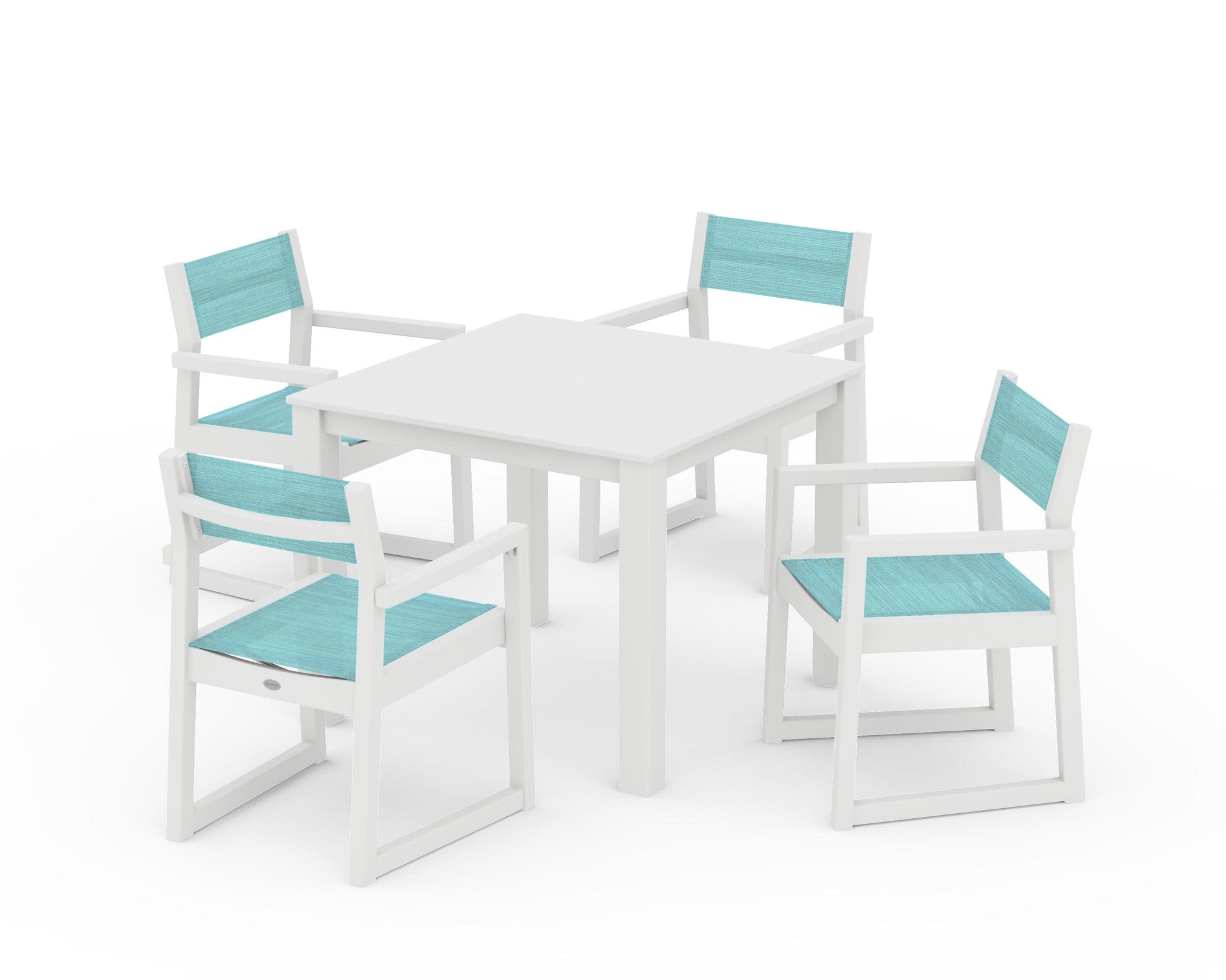 POLYWOOD EDGE Sling Arm Chair 5-Piece Parsons Dining Set — White / Dupioni Aquamarine Sling