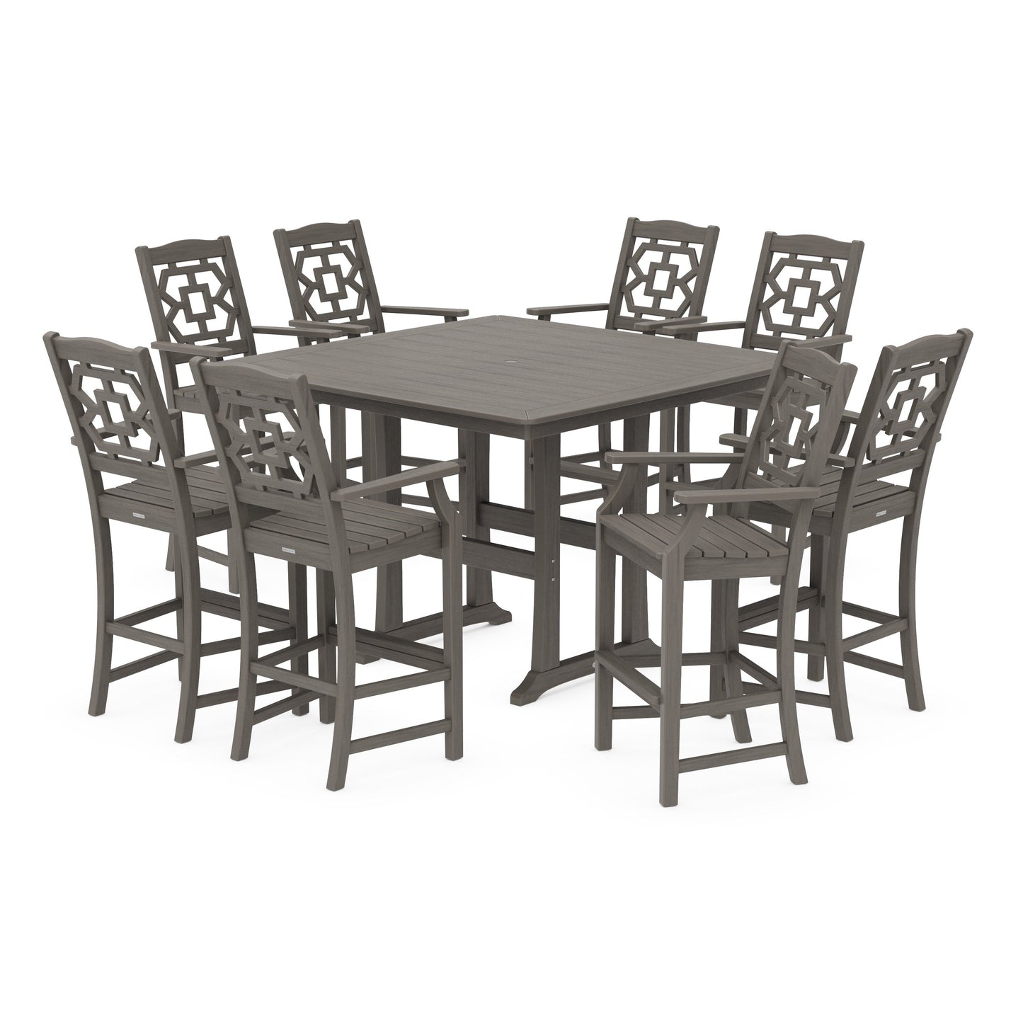 POLYWOOD Chinoiserie 9-Piece Square Bar Set with Trestle Legs — Driftwood