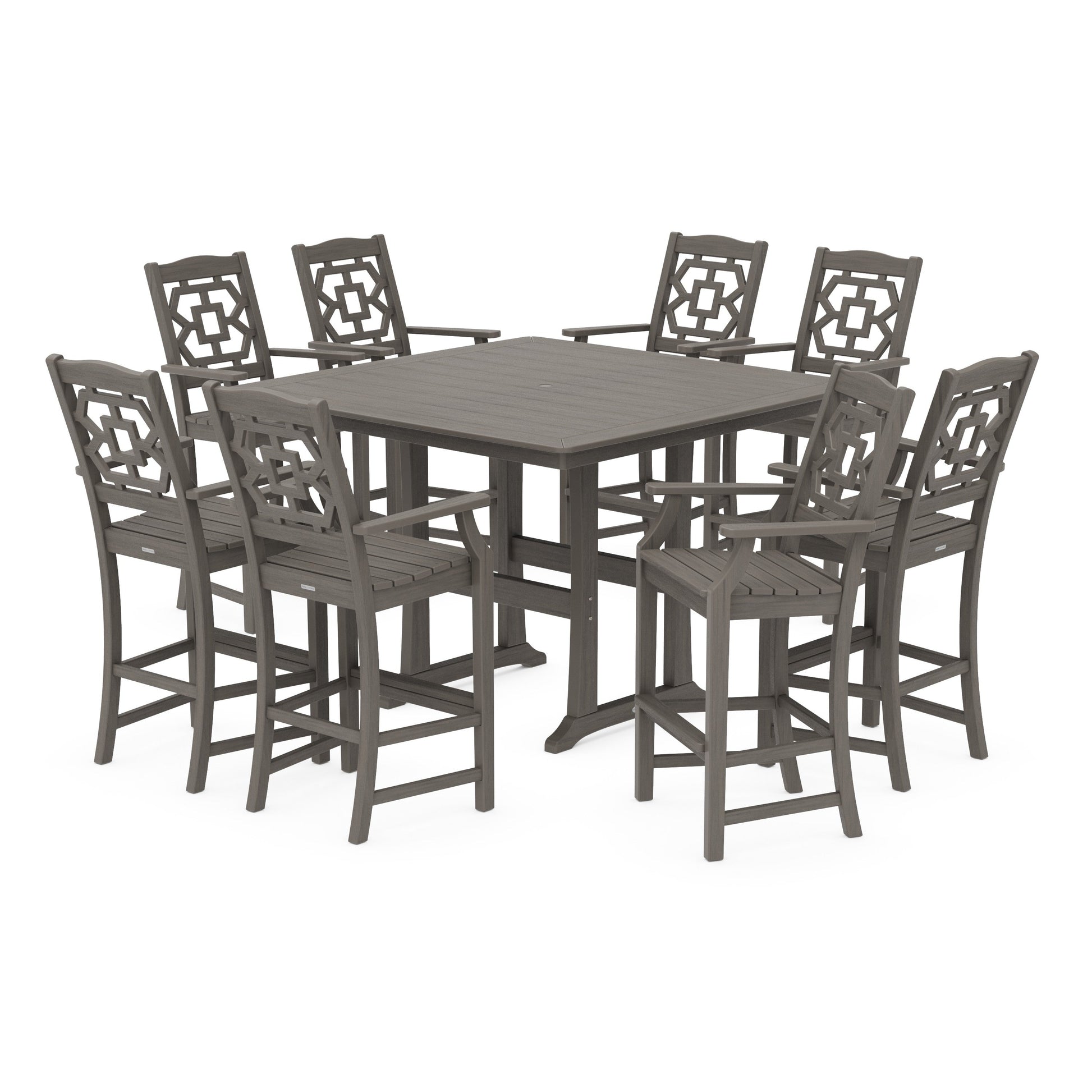 POLYWOOD Chinoiserie 9-Piece Square Bar Set with Trestle Legs — Driftwood