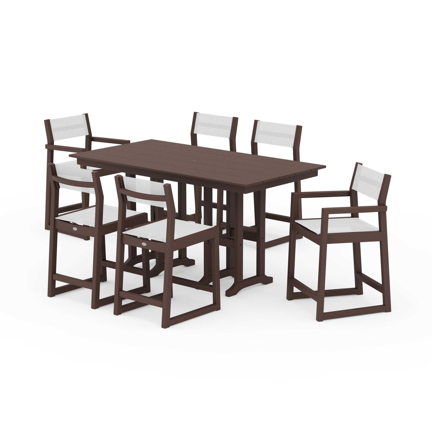 POLYWOOD EDGE Sling 7-Piece Farmhouse Counter Set with Trestle Legs — Mahogany / White Sling