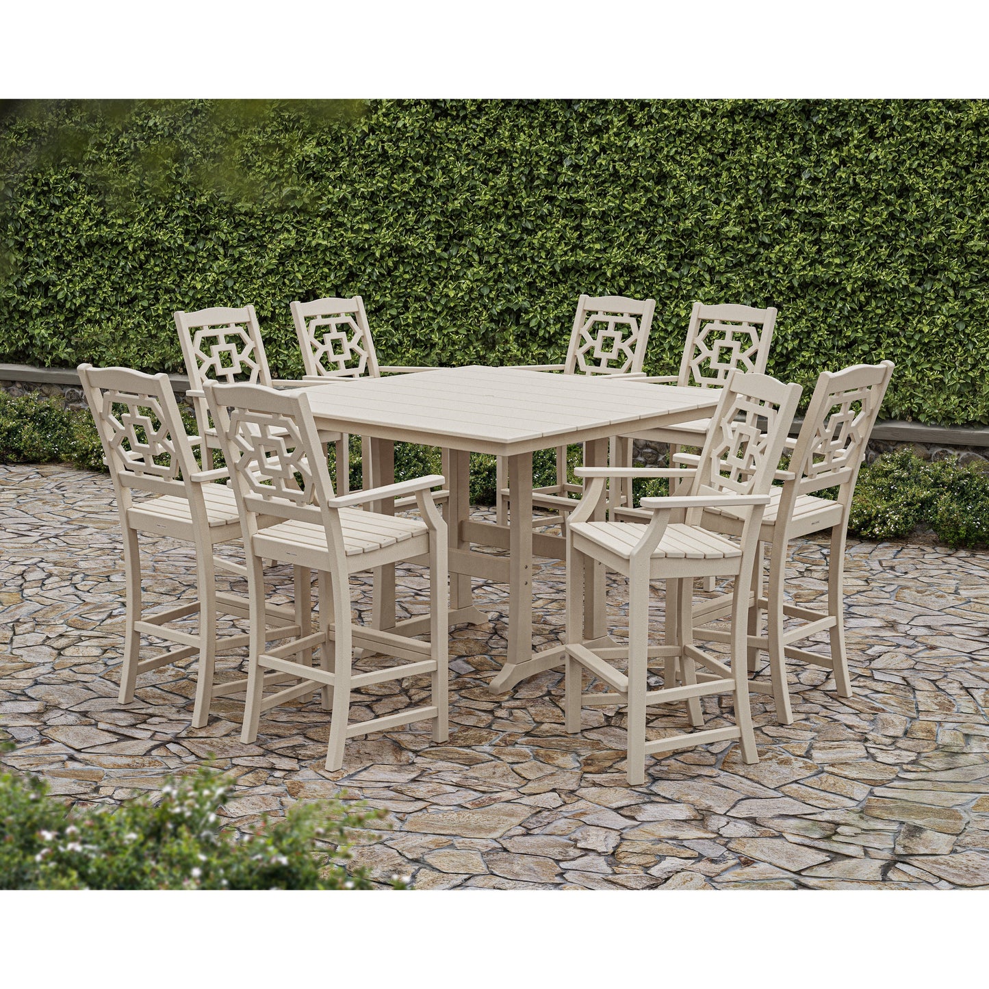POLYWOOD Chinoiserie 9-Piece Square Farmhouse Bar Set with Trestle Legs