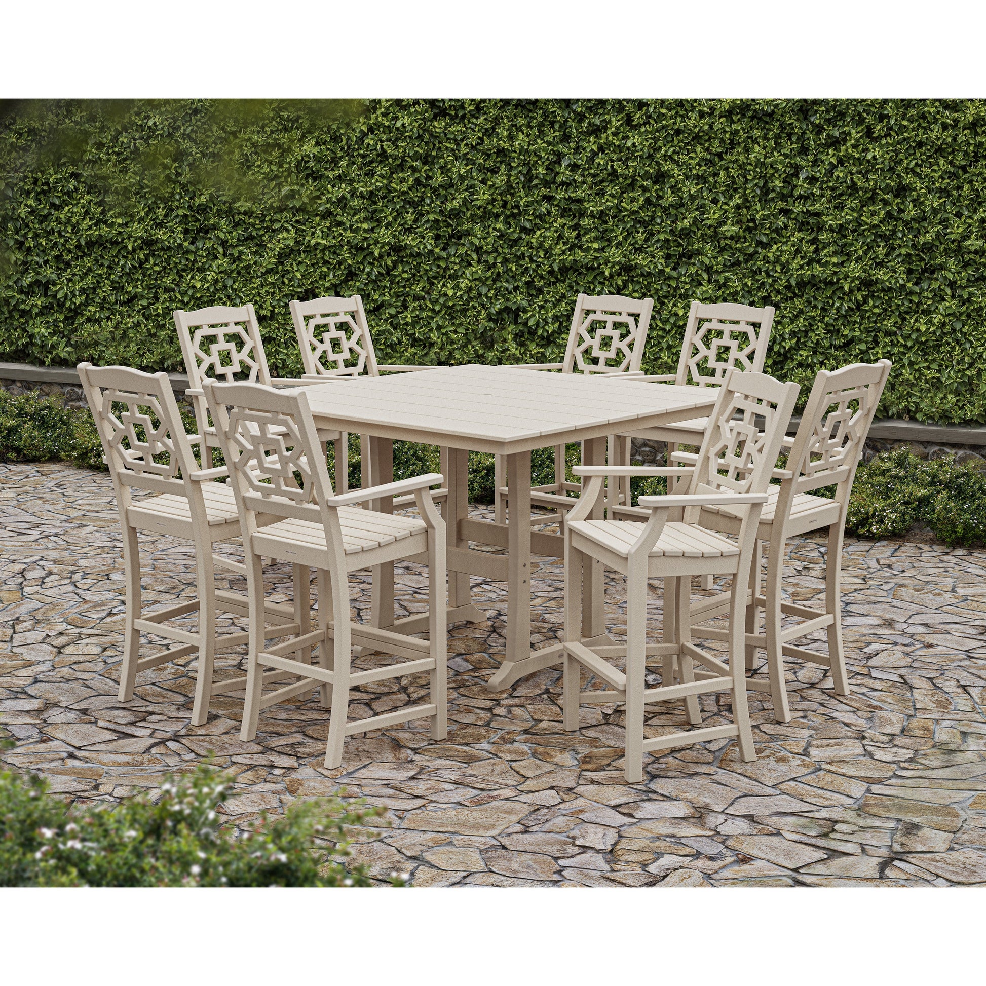 POLYWOOD Chinoiserie 9-Piece Square Farmhouse Bar Set with Trestle Legs