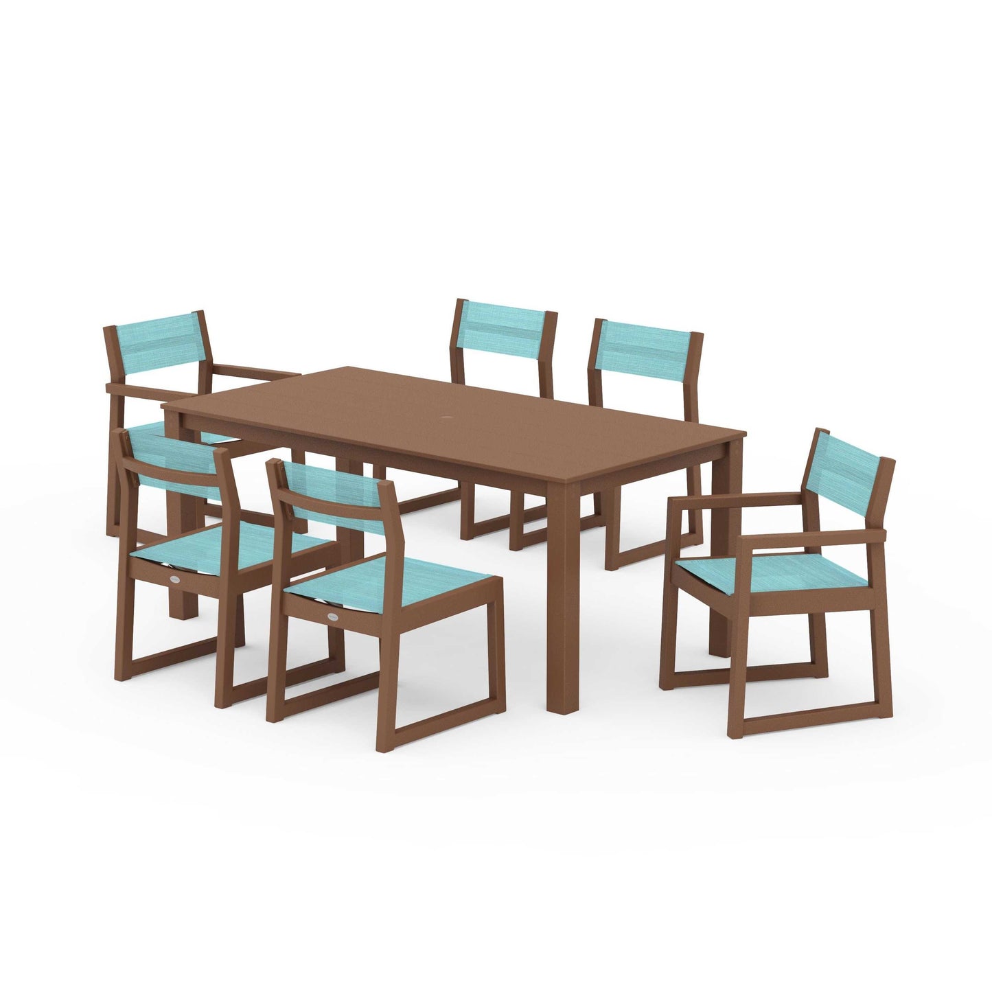 POLYWOOD EDGE Sling 7-Piece Parsons Dining Set — Teak / Dupioni Aquamarine Sling