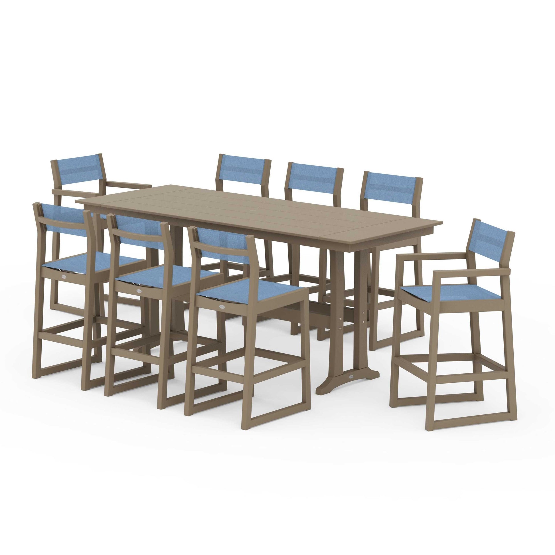 POLYWOOD EDGE Sling 9-Piece Farmhouse Bar Set with Trestle Legs — Vintage Sahara / Poolside Sling
