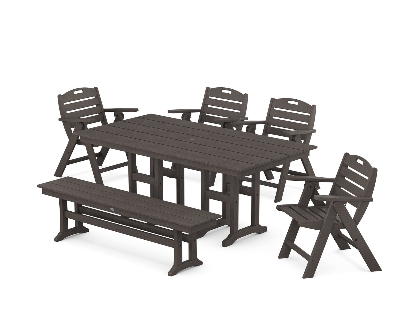 POLYWOOD Nautical Lowback 6-Piece Farmhouse Dining Set with Bench — Vintage Coffee