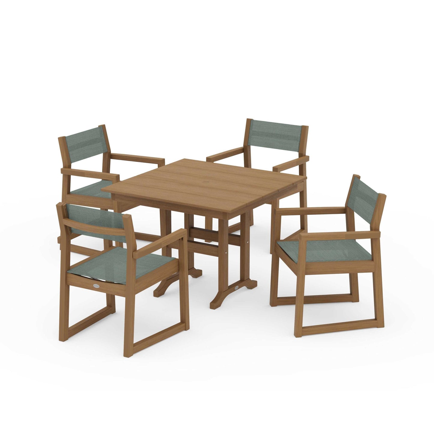 POLYWOOD EDGE Sling Arm Chair 5-Piece Farmhouse Dining Set — Natural / Dupioni Sea Mist Sling