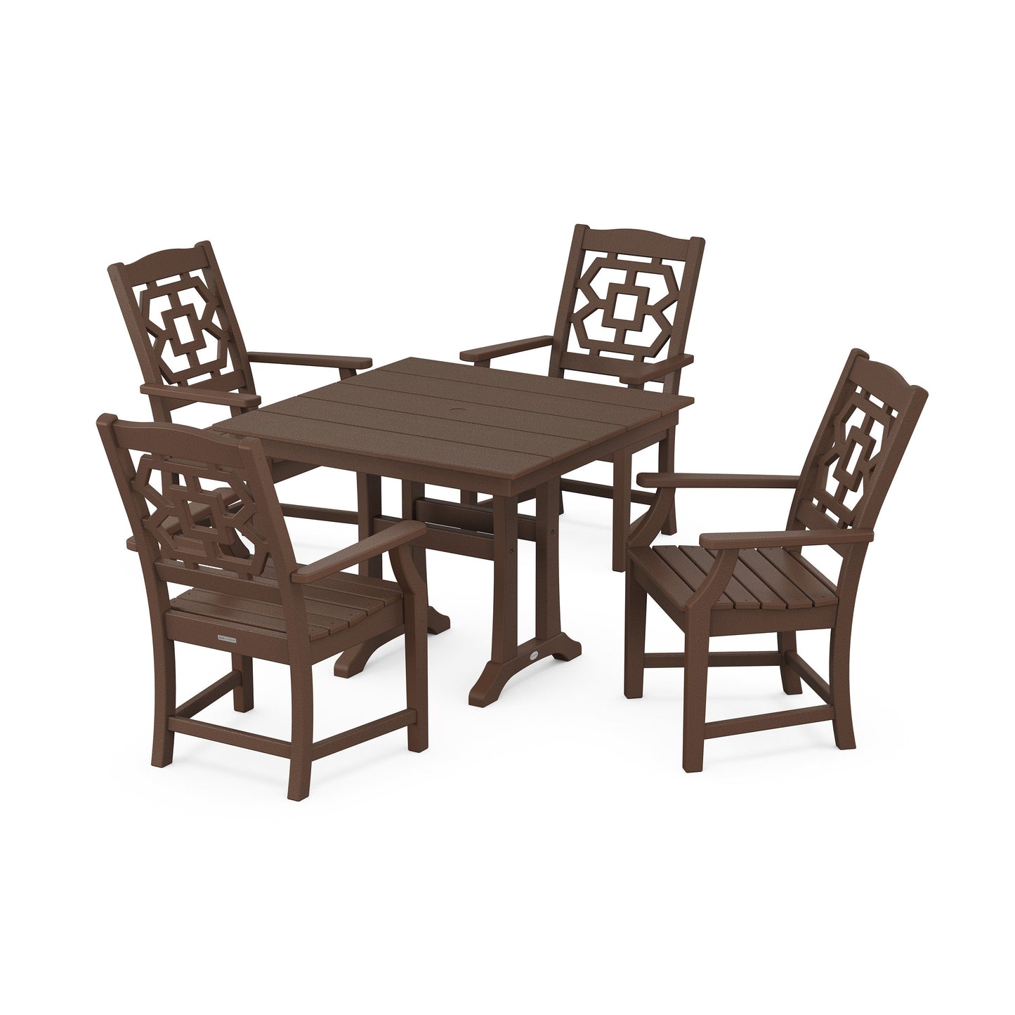 POLYWOOD Chinoiserie 5-Piece Farmhouse Dining Set with Trestle Legs — Mahogany