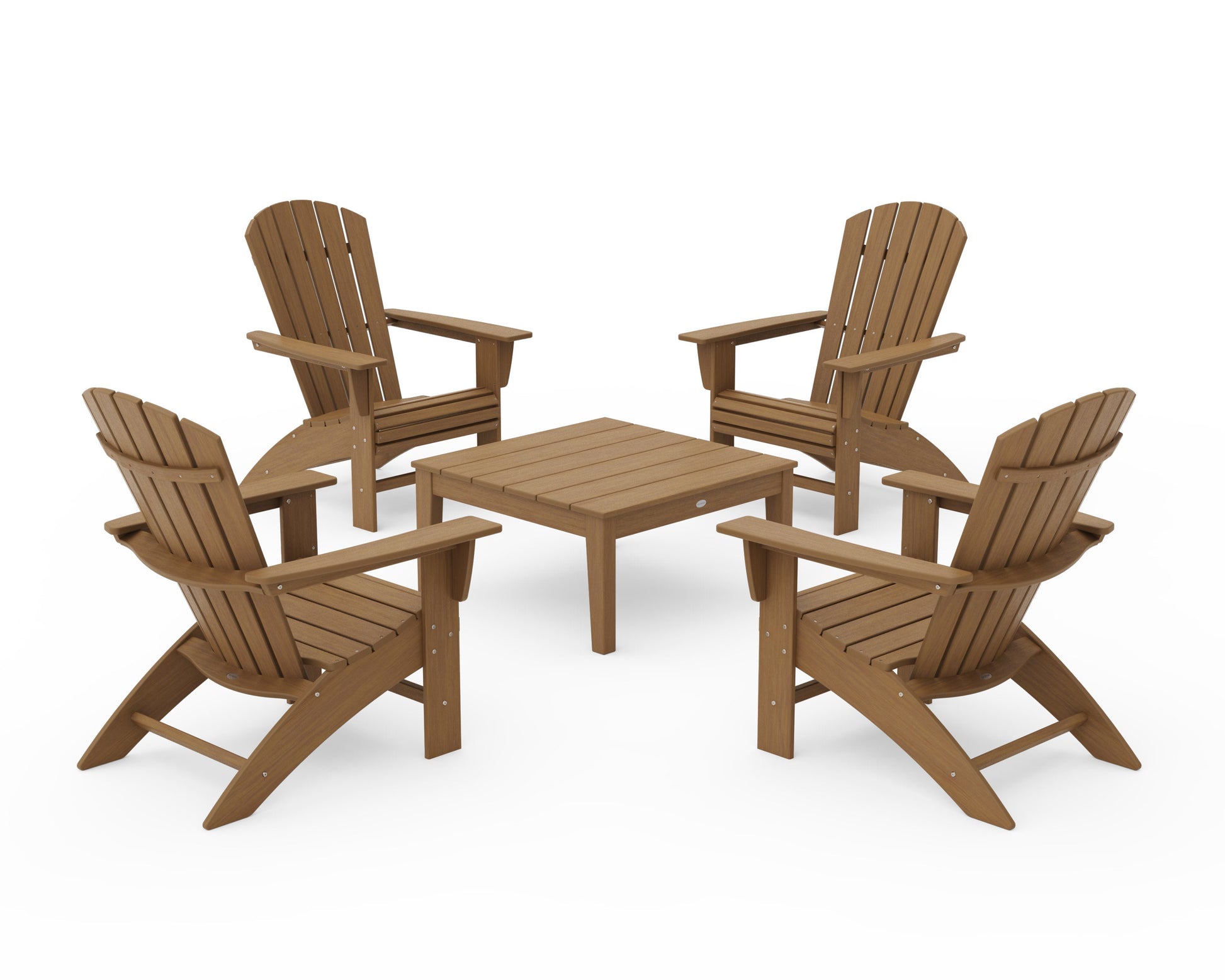POLYWOOD 5-Piece Nautical Curveback Adirondack Chair Conversation Set with 36" Conversation Table — Natural