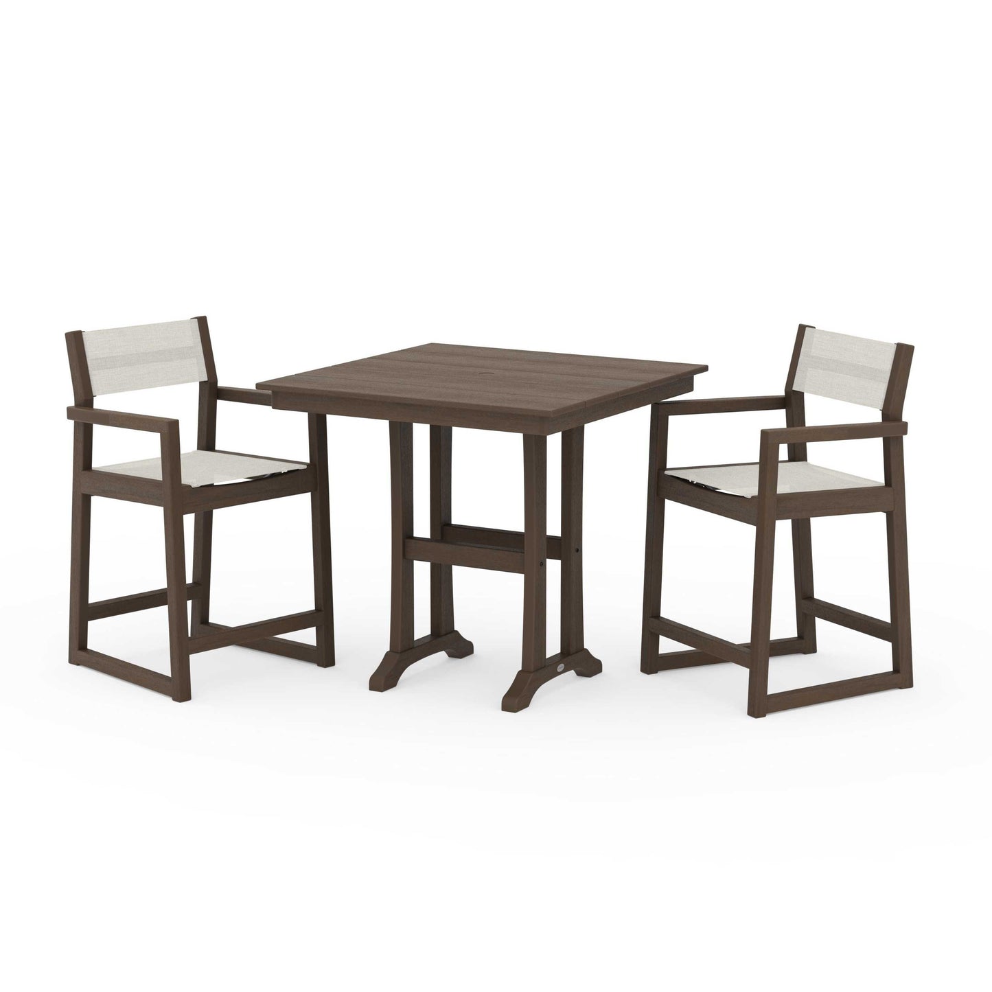 POLYWOOD EDGE Sling Arm Chair 3-Piece Farmhouse Counter Set with Trestle Legs — Kona / Parchment Sling