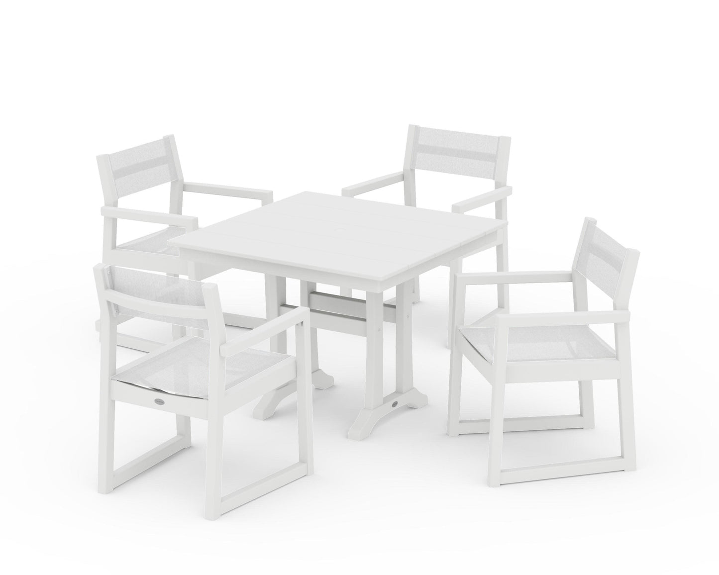 POLYWOOD EDGE Sling 5-Piece Farmhouse Dining Set with Trestle Legs — White / White Sling