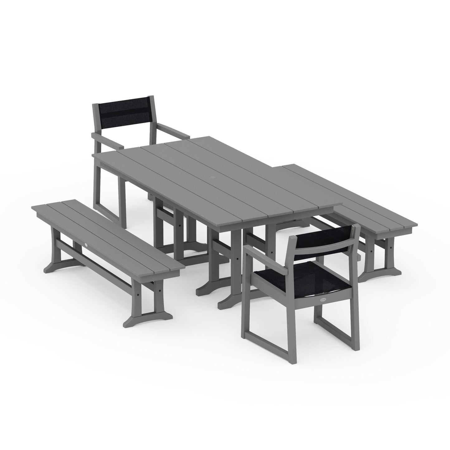 POLYWOOD EDGE Sling Arm Chair 5-Piece Farmhouse Dining Set with Benches — Slate Grey / Black Sling