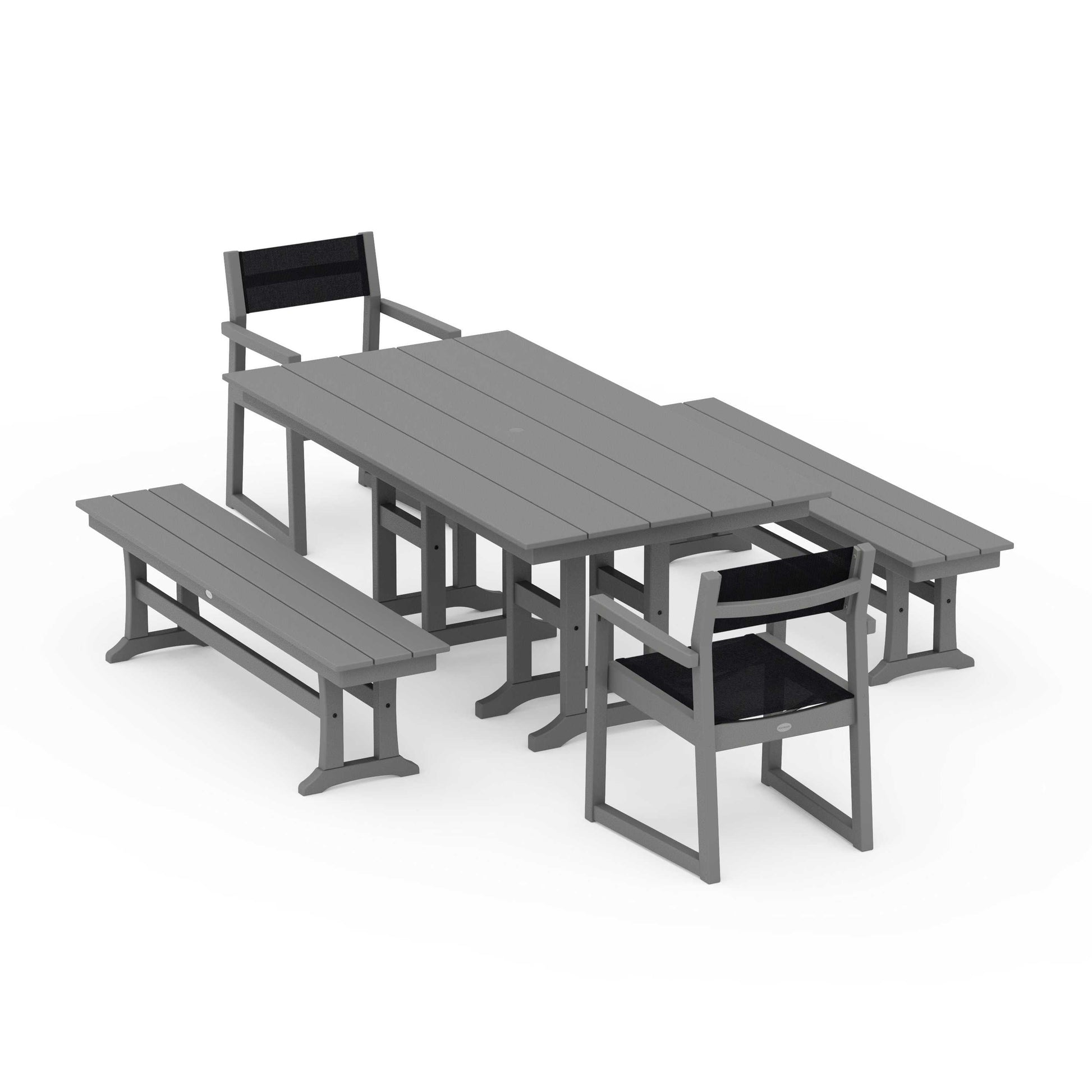 POLYWOOD EDGE Sling Arm Chair 5-Piece Farmhouse Dining Set with Benches — Slate Grey / Black Sling