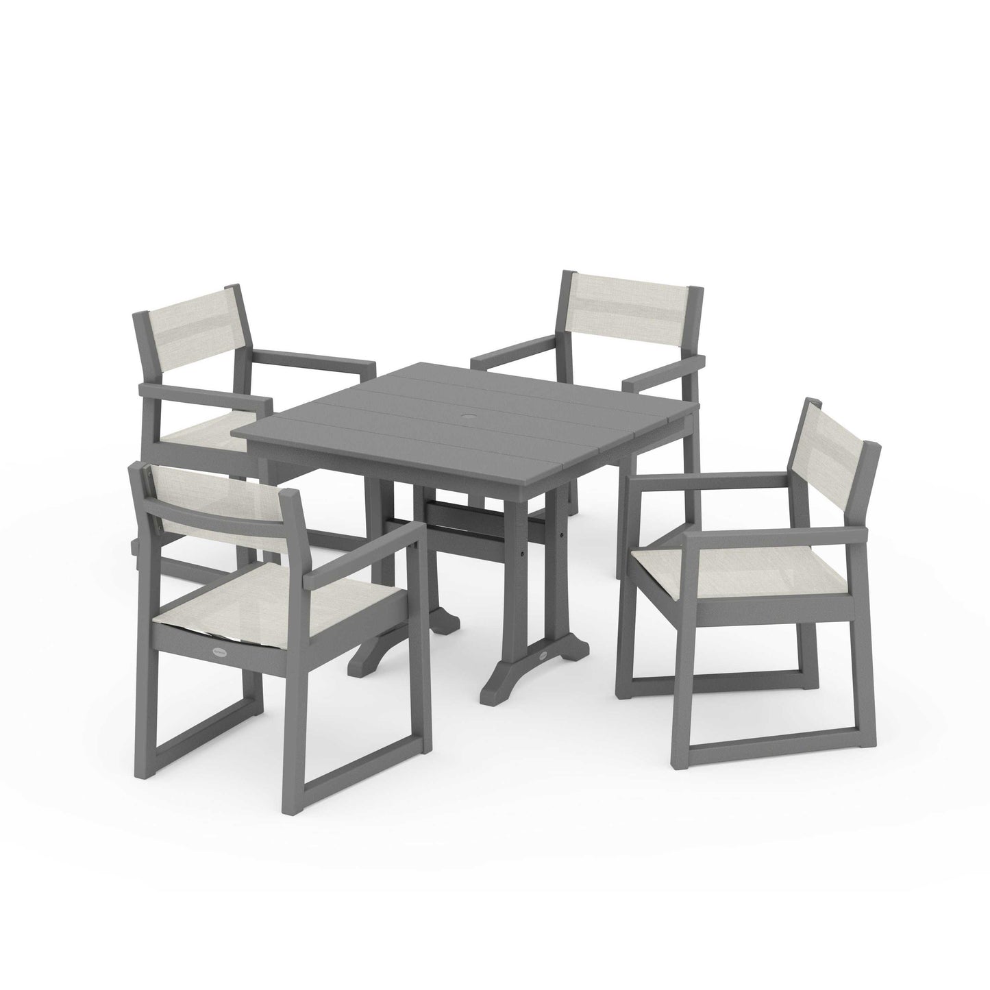 POLYWOOD EDGE Sling 5-Piece Farmhouse Dining Set with Trestle Legs — Slate Grey / Parchment Sling