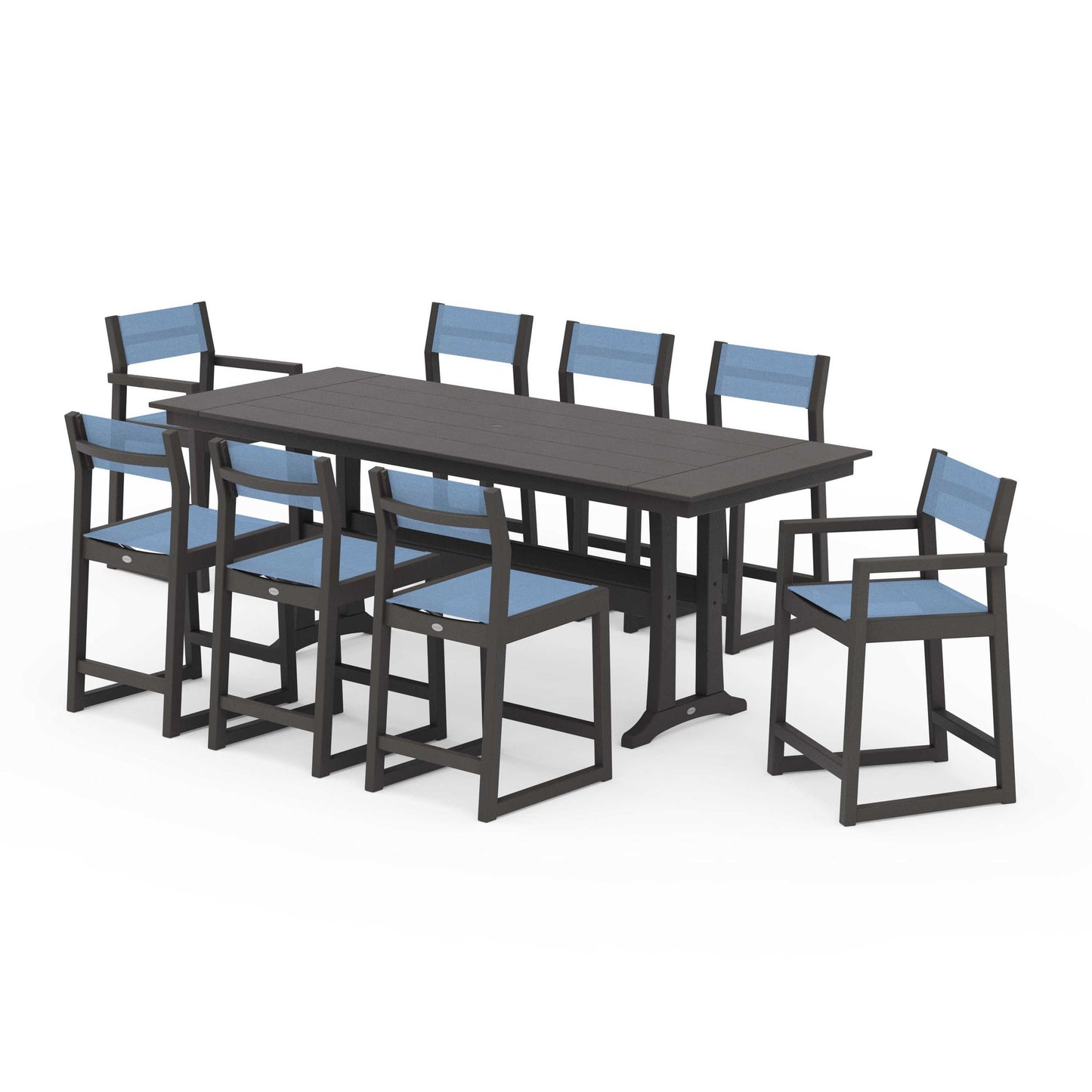 POLYWOOD EDGE Sling 9-Piece Farmhouse Counter Set with Trestle Legs — Vintage Coffee / Poolside Sling