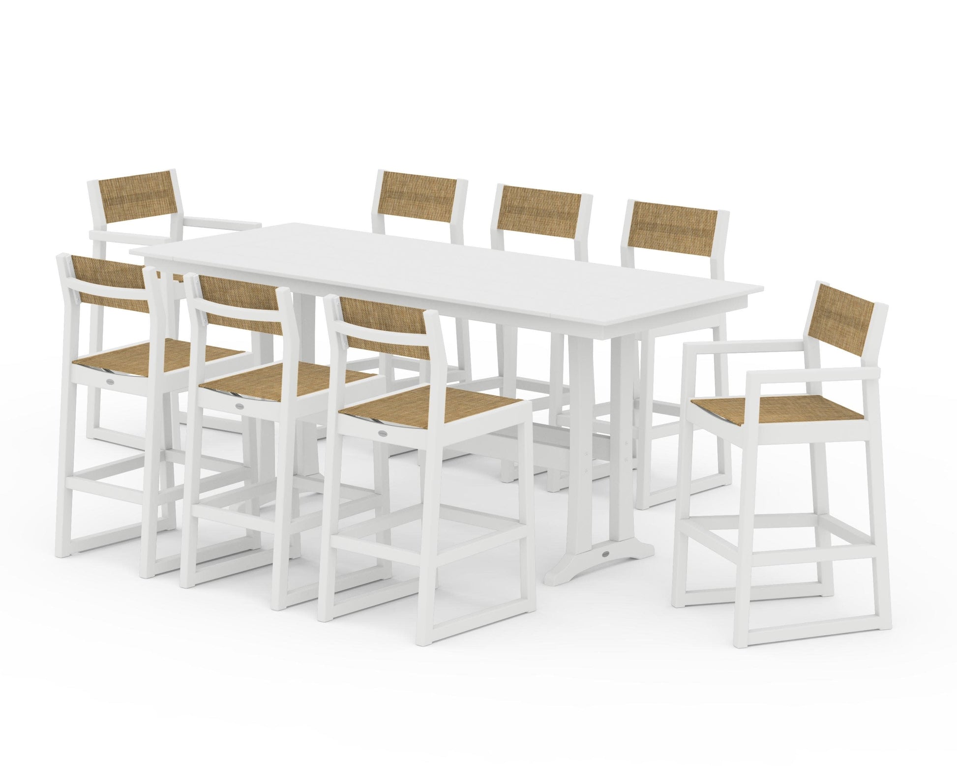 POLYWOOD EDGE Sling 9-Piece Farmhouse Bar Set with Trestle Legs — White / Burlap Sling
