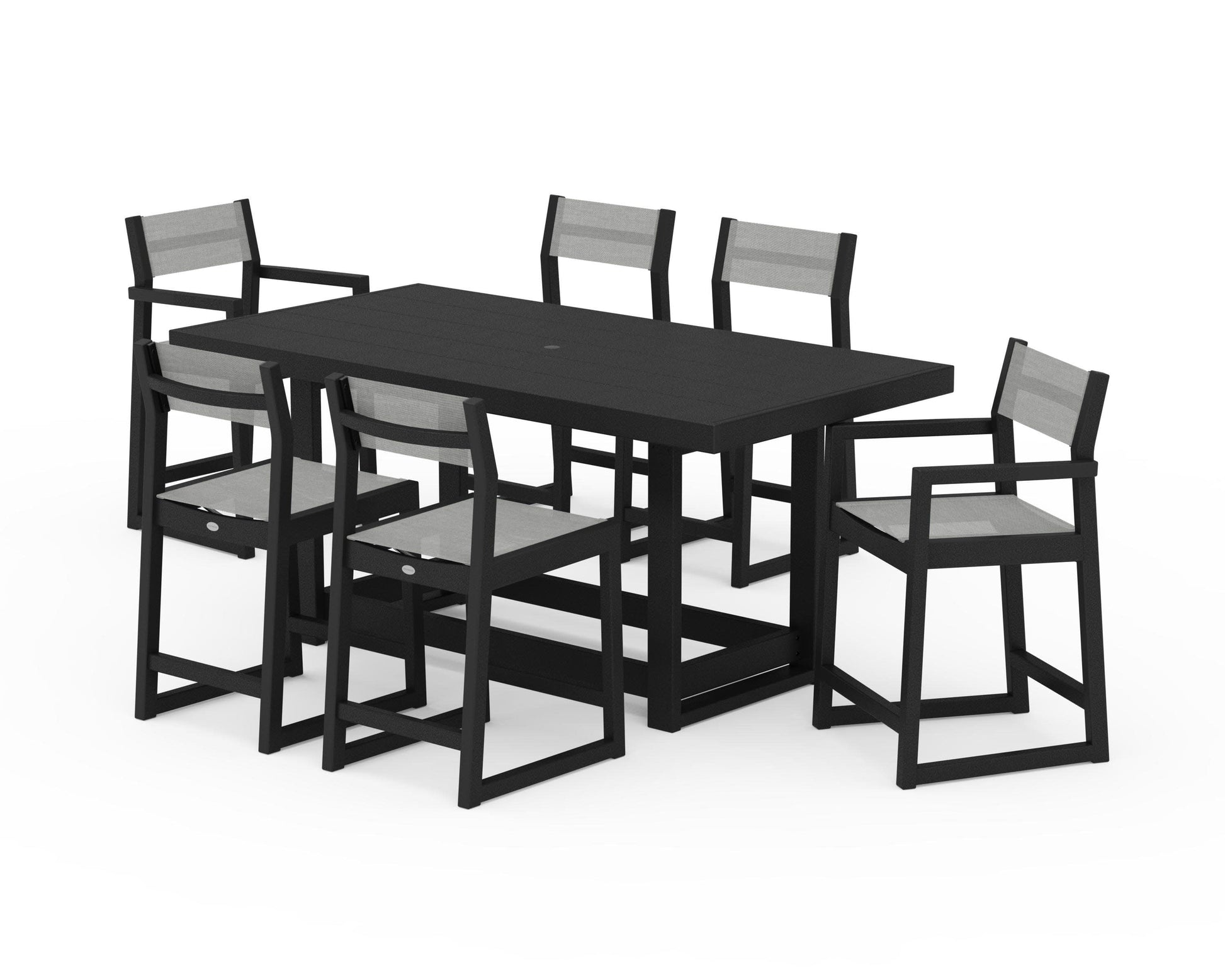 POLYWOOD EDGE Sling 7-Piece Counter Table Set — Black / Metallic Sling