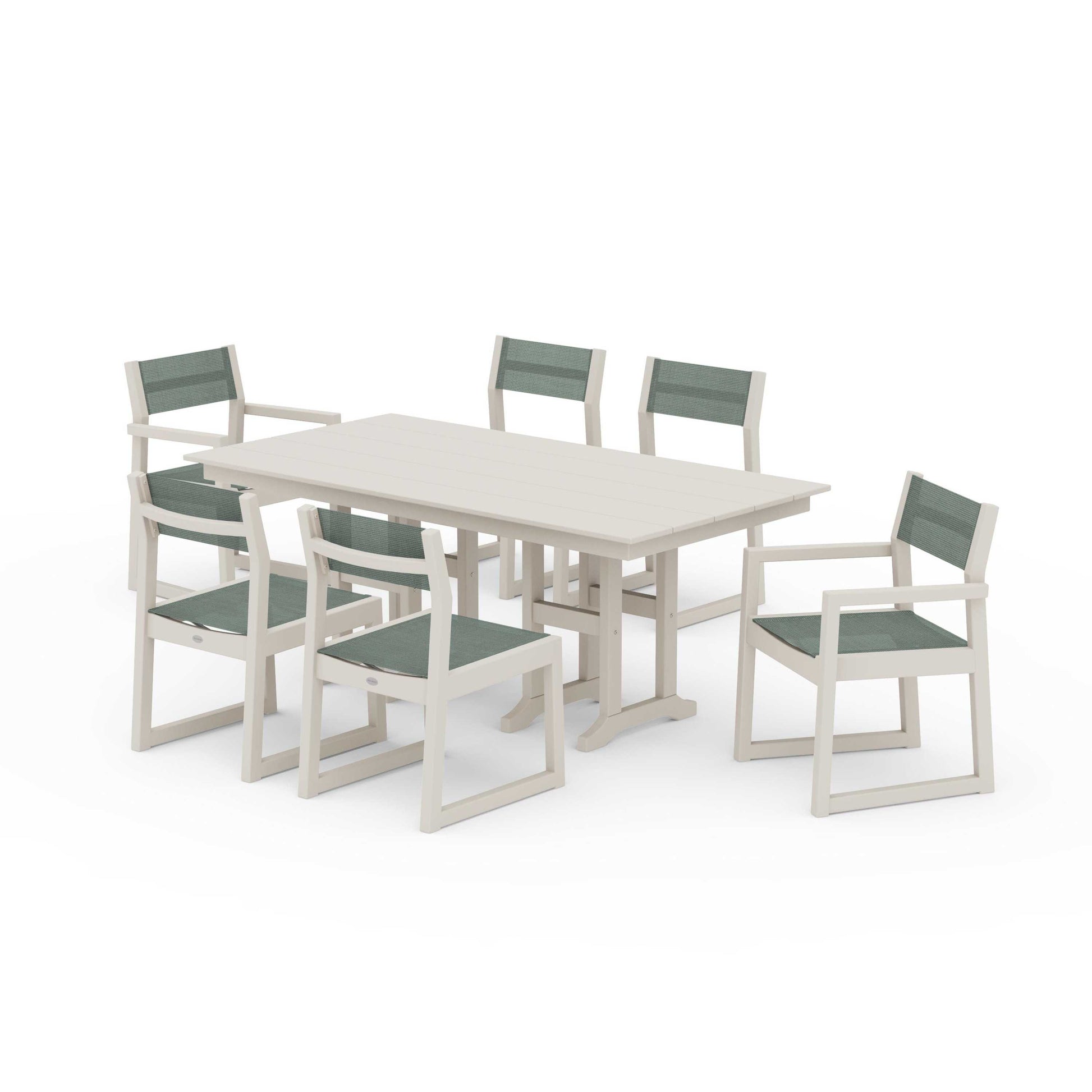 POLYWOOD EDGE Sling 7-Piece Farmhouse Dining Set — Sand / Dupioni Sea Mist Sling