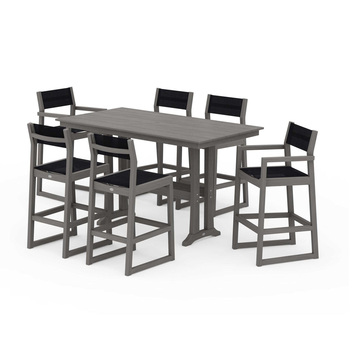 POLYWOOD EDGE Sling 7-Piece Farmhouse Bar Set with Trestle Legs — Driftwood / Black Sling