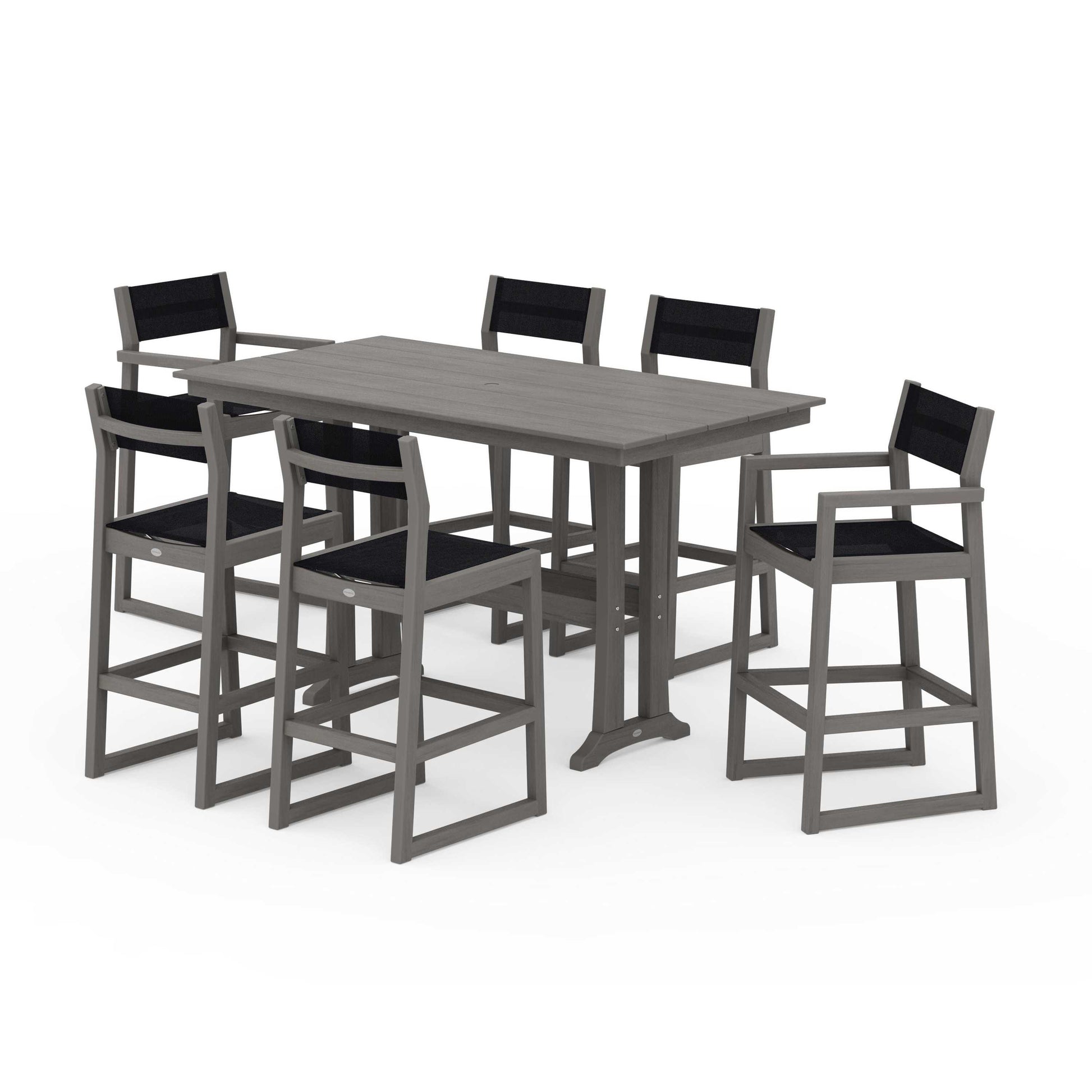 POLYWOOD EDGE Sling 7-Piece Farmhouse Bar Set with Trestle Legs — Driftwood / Black Sling