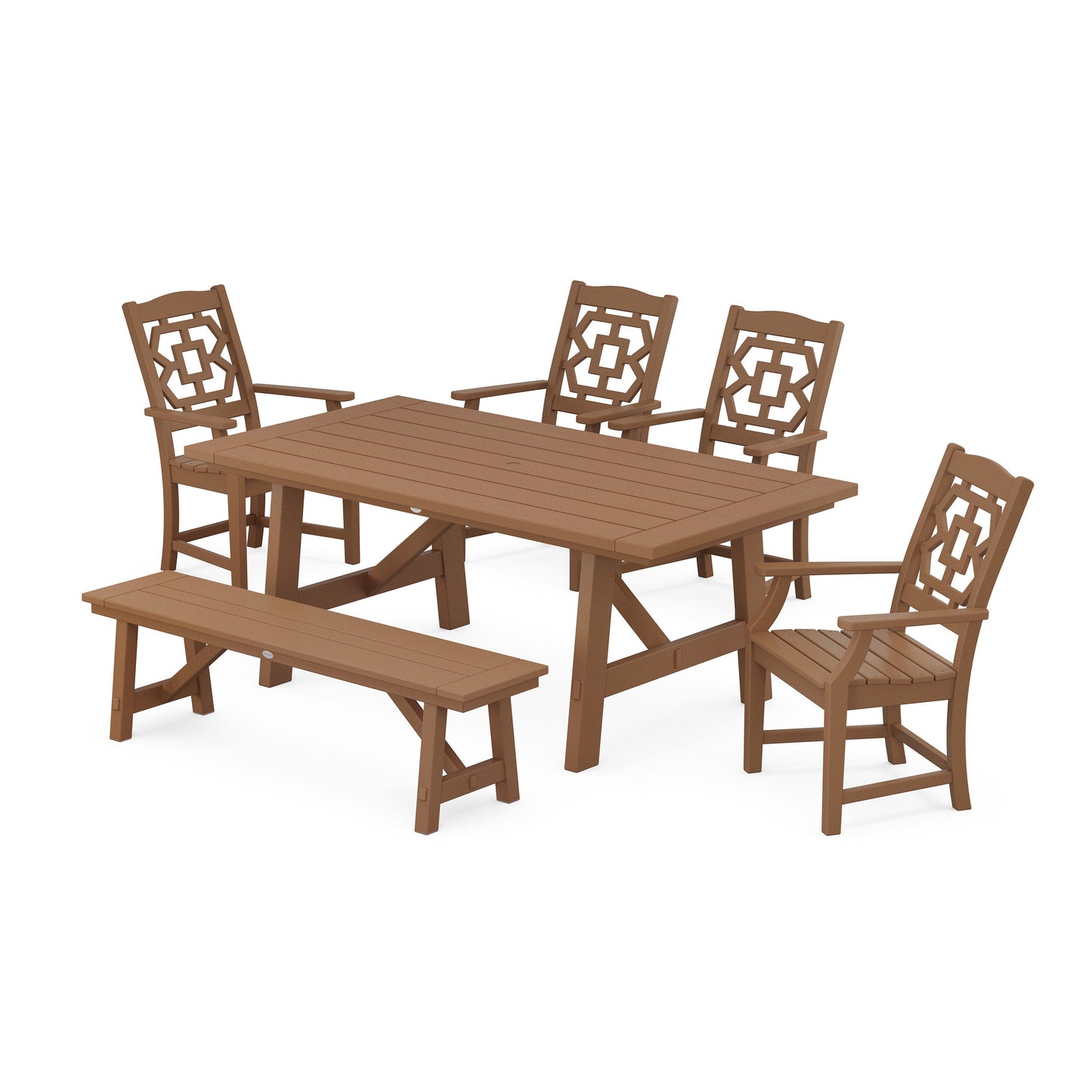 POLYWOOD Chinoiserie 6-Piece Rustic Farmhouse Dining Set with Bench — Teak