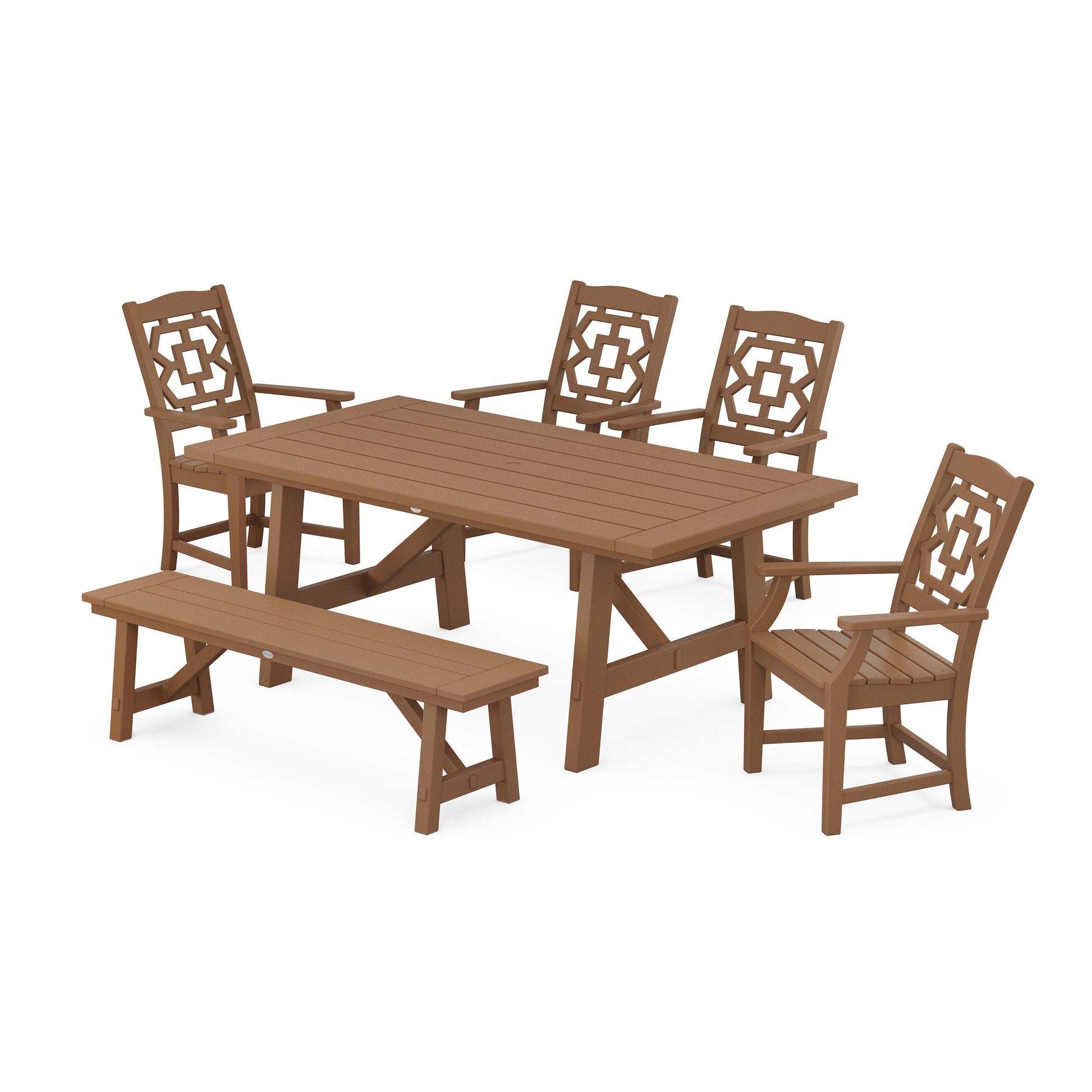 POLYWOOD Chinoiserie 6-Piece Rustic Farmhouse Dining Set with Bench — Teak