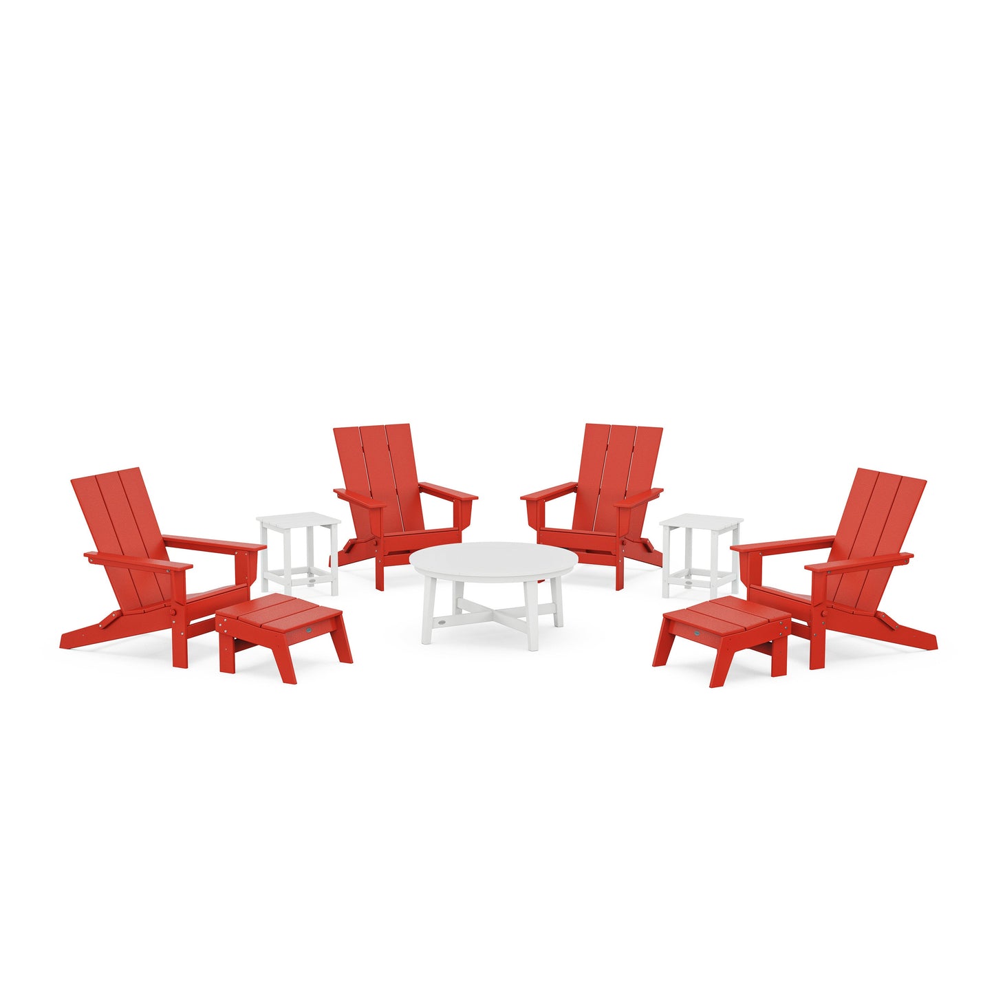 POLYWOOD Modern Studio Folding Adirondack 9-Piece Conversation Set — Sunset Red
