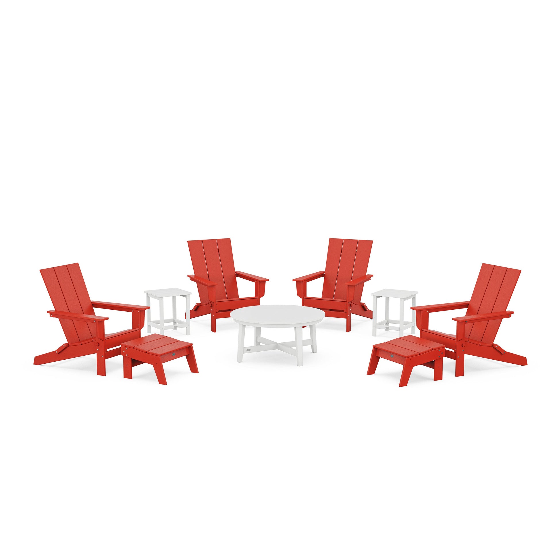 POLYWOOD Modern Studio Folding Adirondack 9-Piece Conversation Set — Sunset Red