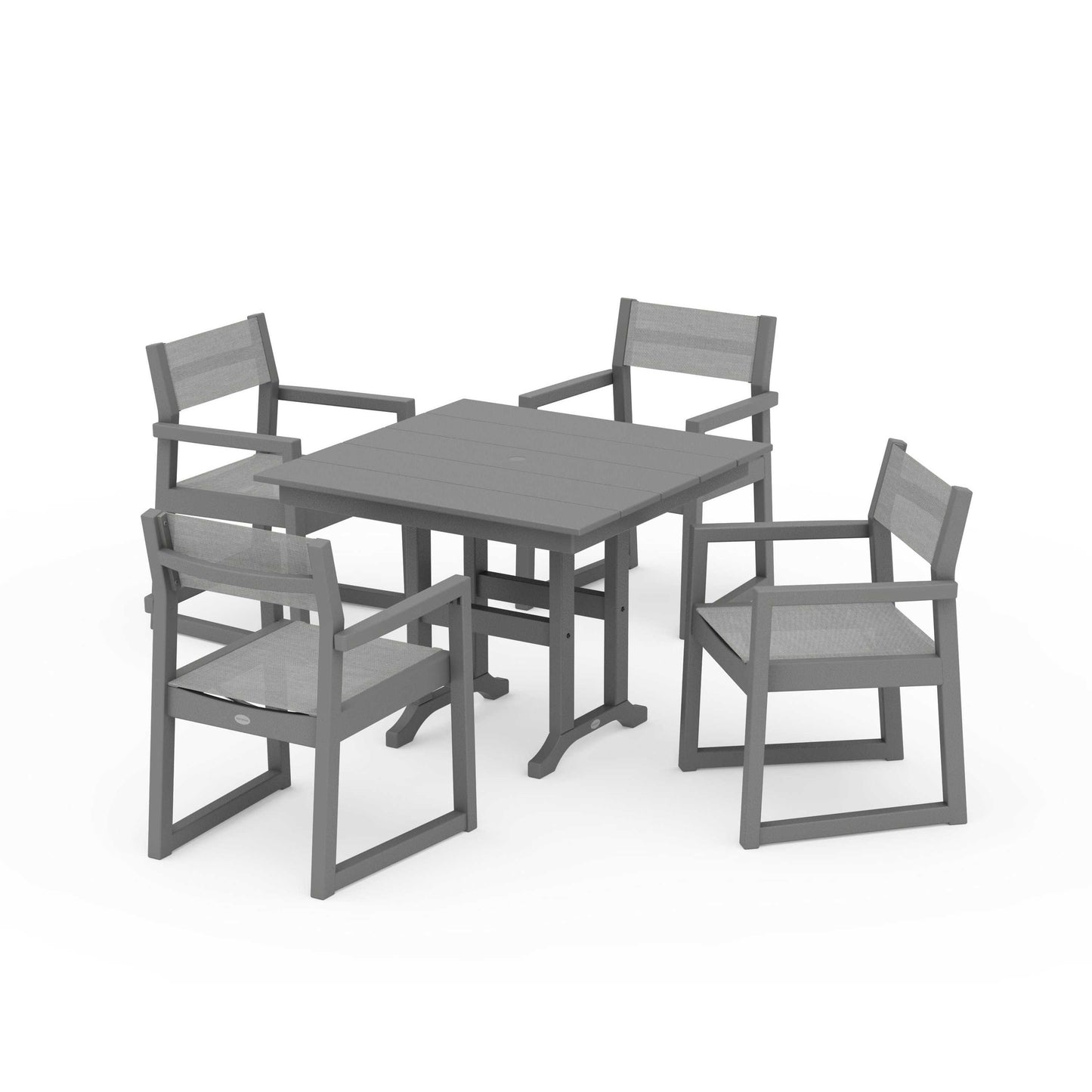 POLYWOOD EDGE Sling Arm Chair 5-Piece Farmhouse Dining Set — Slate Grey / Metallic Sling