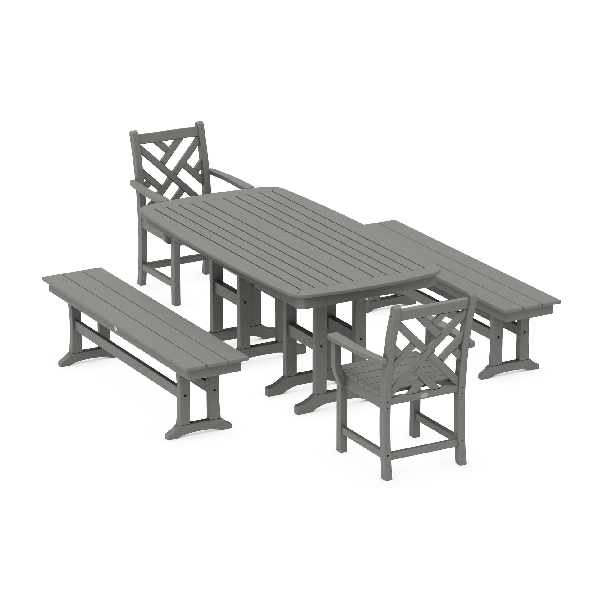 POLYWOOD Chippendale 5-Piece Dining Set with Benches — Slate Grey