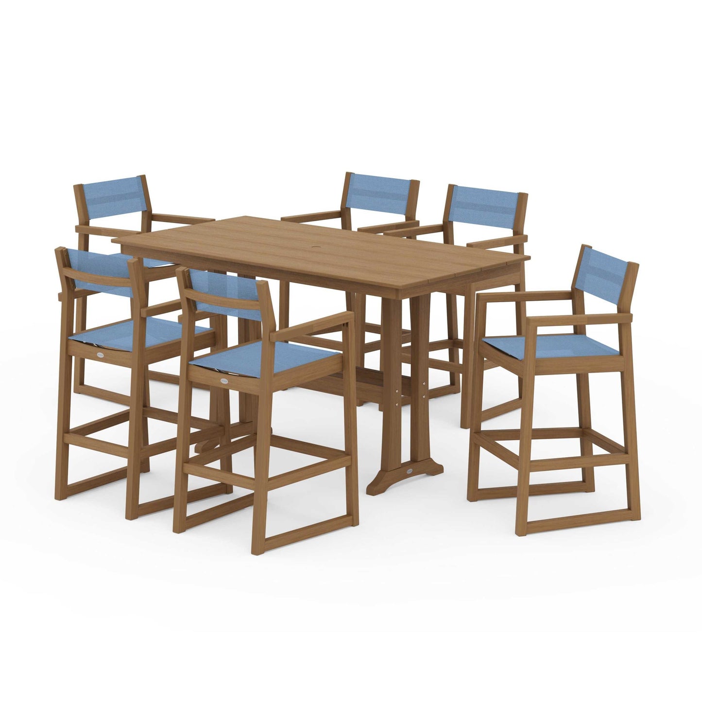 POLYWOOD EDGE Sling Arm Chair 7-Piece Farmhouse Bar Set with Trestle Legs — Natural / Poolside Sling
